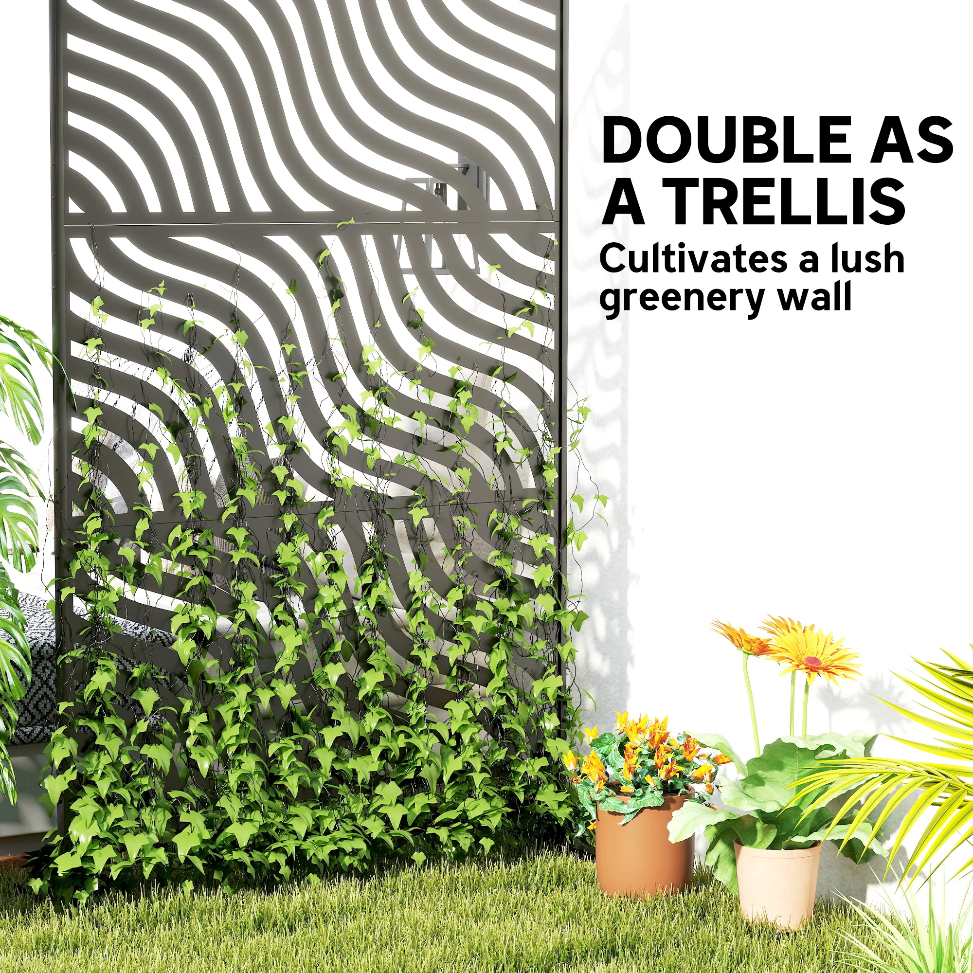 78" x 48" Metal Outdoor Privacy Screen, Ripple Design, Black - Image 7