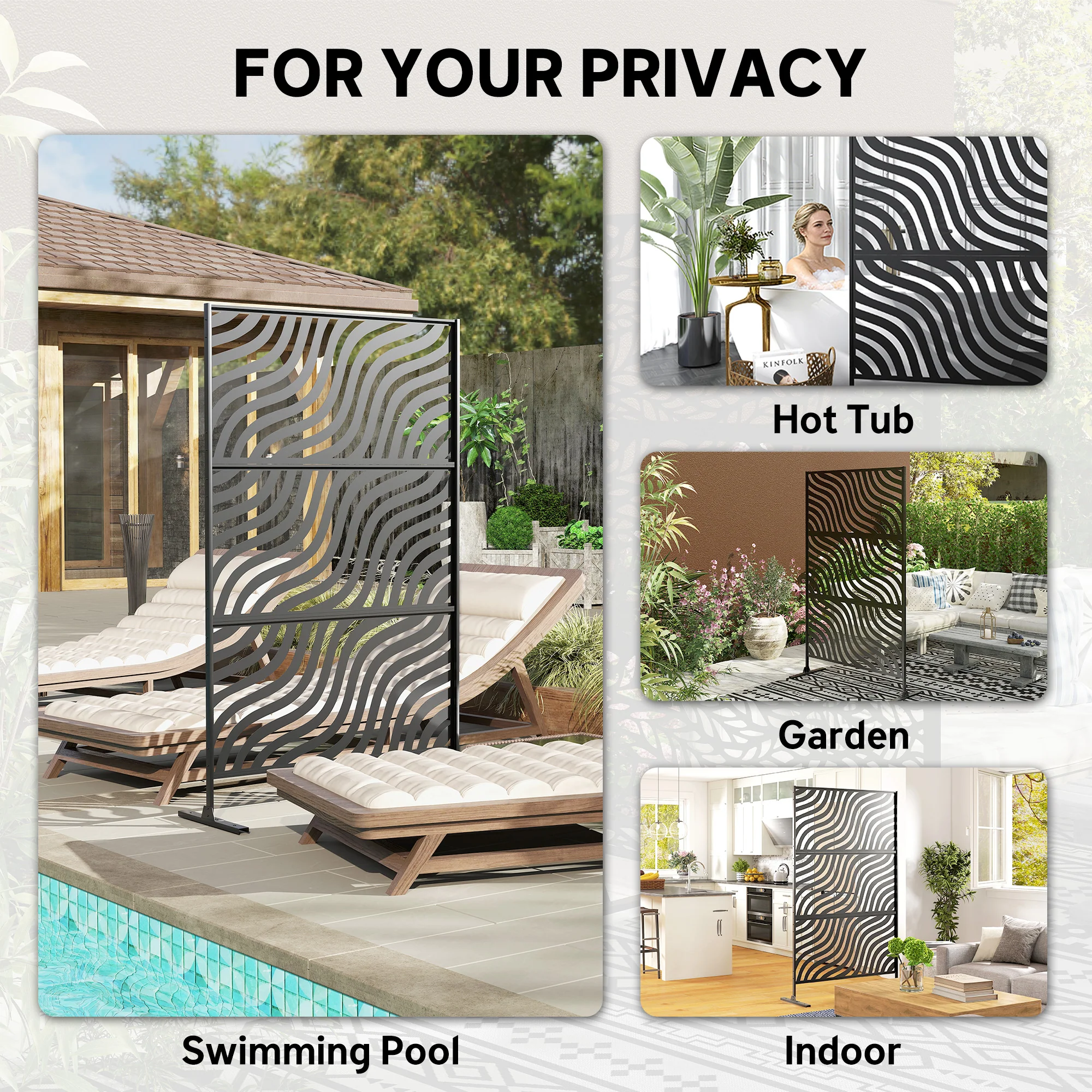78" x 48" Metal Outdoor Privacy Screen, Ripple Design, Black - Image 9