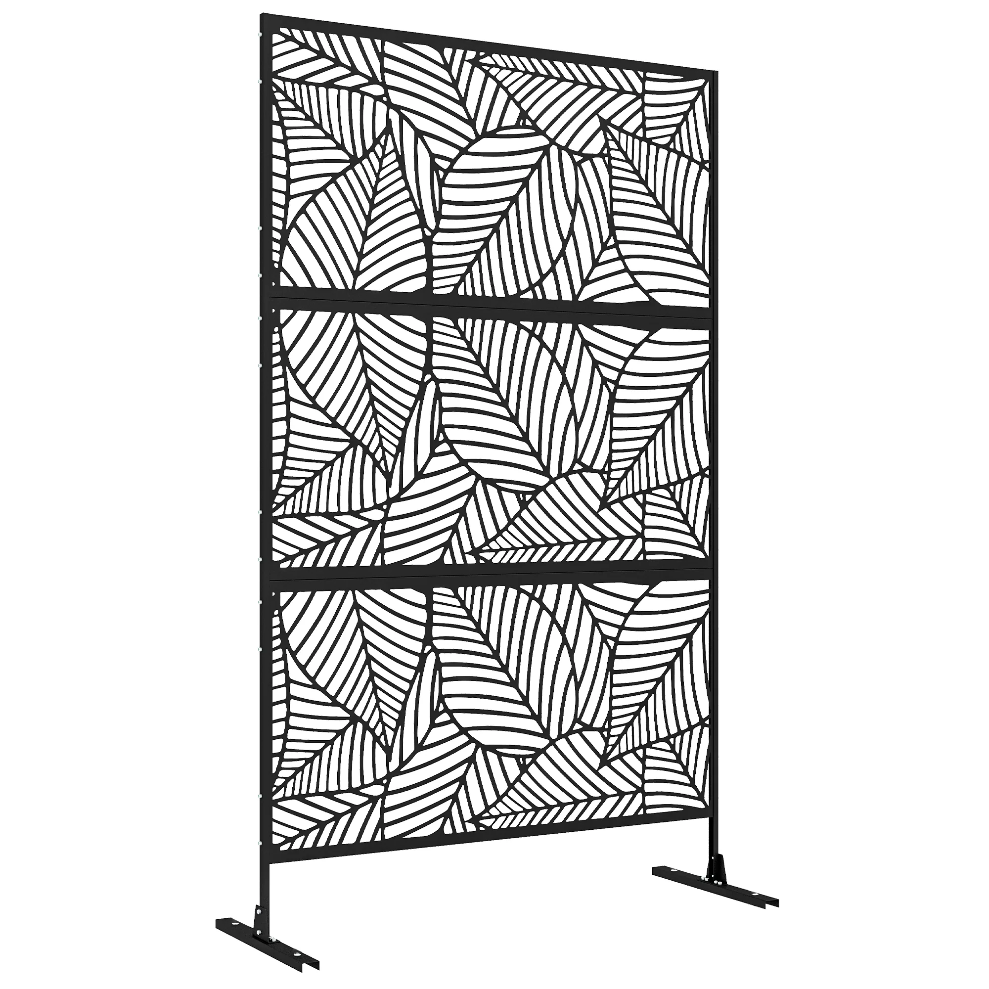 6.5FT Decorative Outdoor Divider, Metal Privacy Screen with Stand, Large Leaf Style, Black