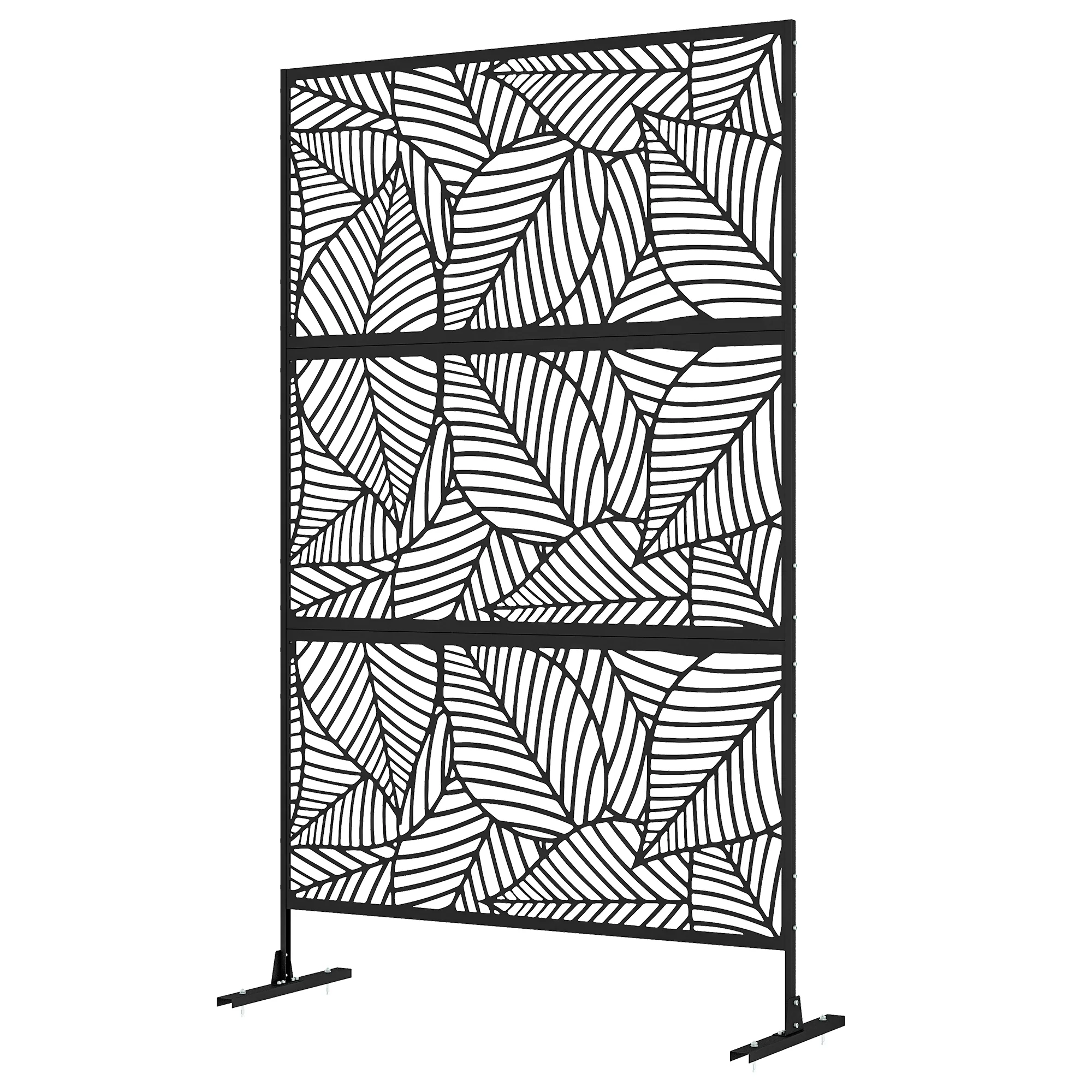 6.5FT Decorative Outdoor Divider, Metal Privacy Screen with Stand, Large Leaf Style, Black - Image 2