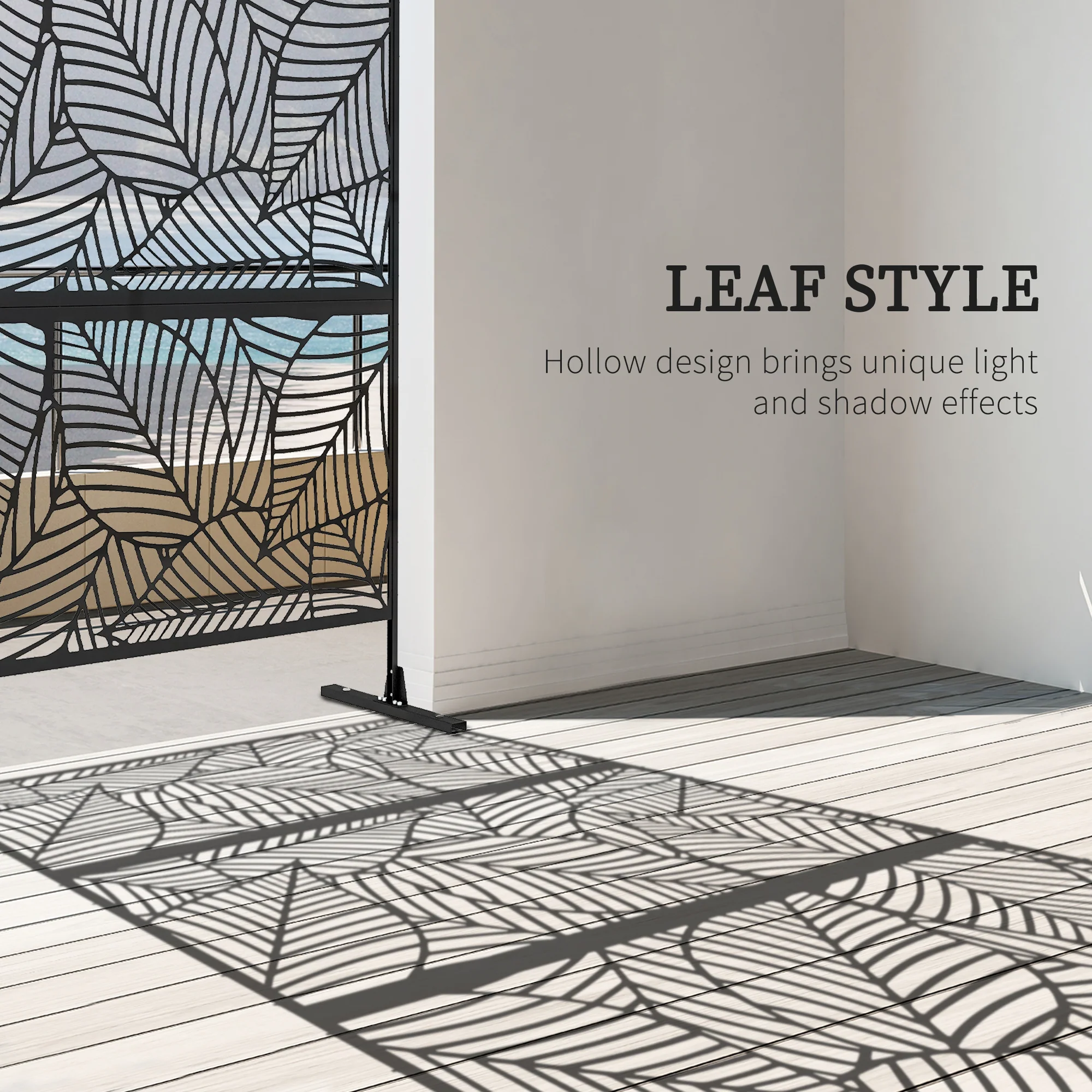 6.5FT Decorative Outdoor Divider, Metal Privacy Screen with Stand, Large Leaf Style, Black - Image 6
