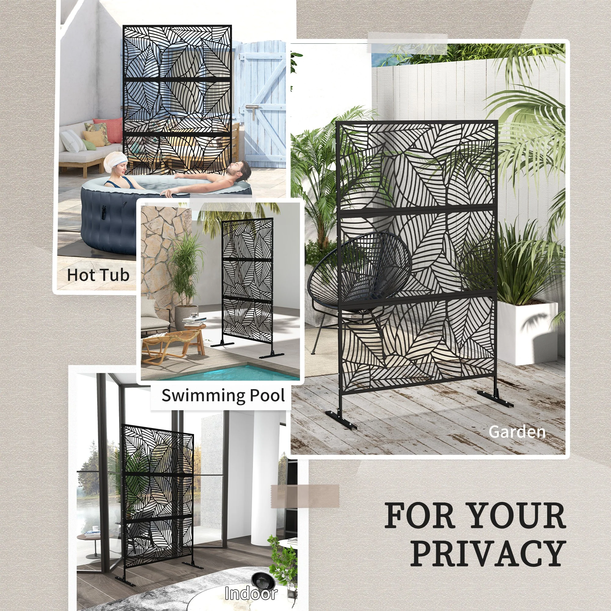 6.5FT Decorative Outdoor Divider, Metal Privacy Screen with Stand, Large Leaf Style, Black - Image 8