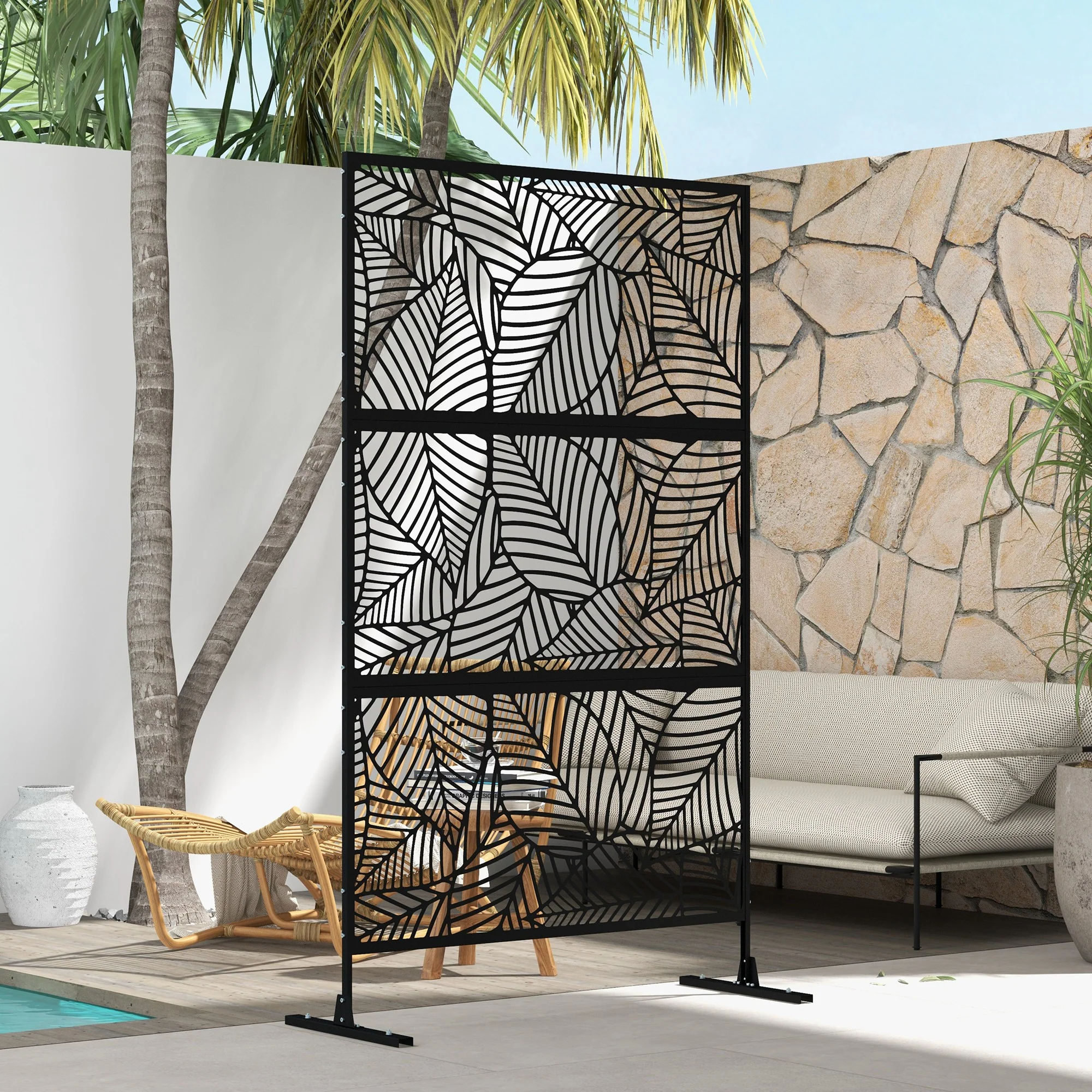 6.5FT Decorative Outdoor Divider, Metal Privacy Screen with Stand, Large Leaf Style, Black - Image 9