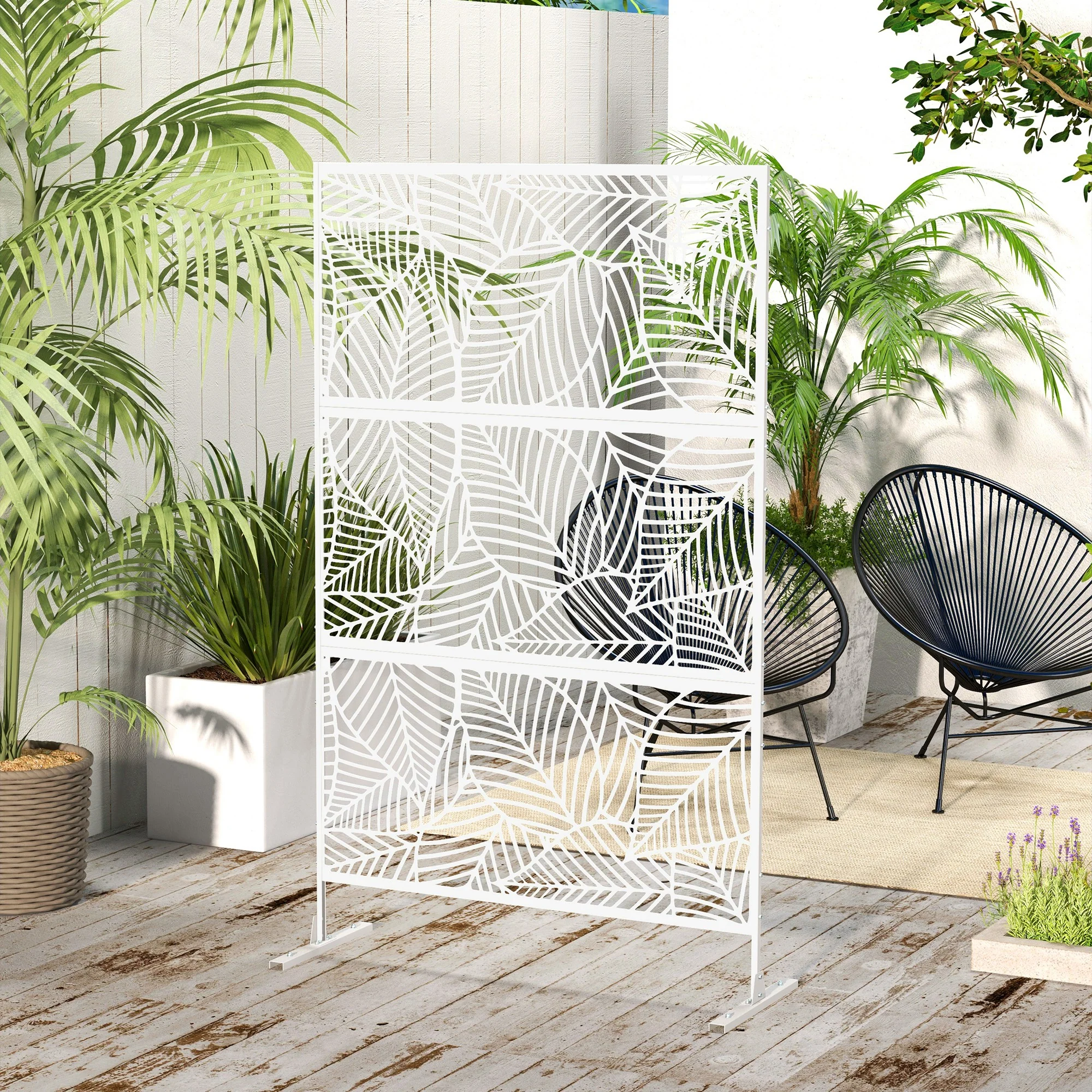 6.5FT Decorative Outdoor Divider, Metal Privacy Screen with Stand, Large Leaf Style, White - Image 4