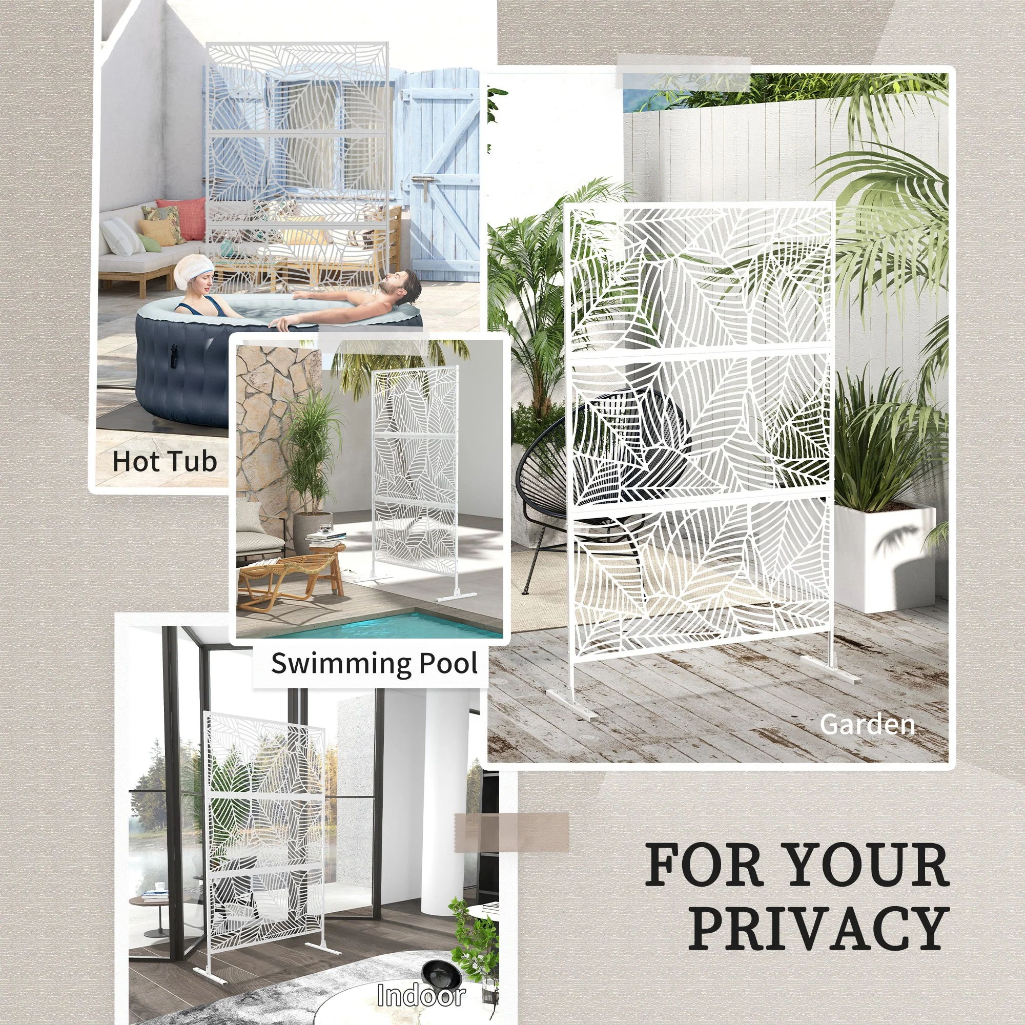 6.5FT Decorative Outdoor Divider, Metal Privacy Screen with Stand, Large Leaf Style, White - Image 8