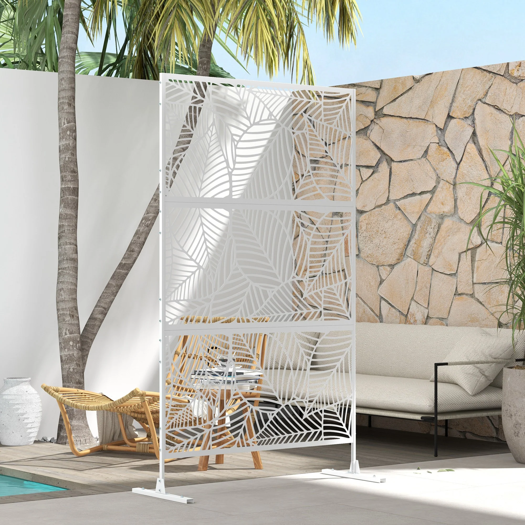 6.5FT Decorative Outdoor Divider, Metal Privacy Screen with Stand, Large Leaf Style, White - Image 9