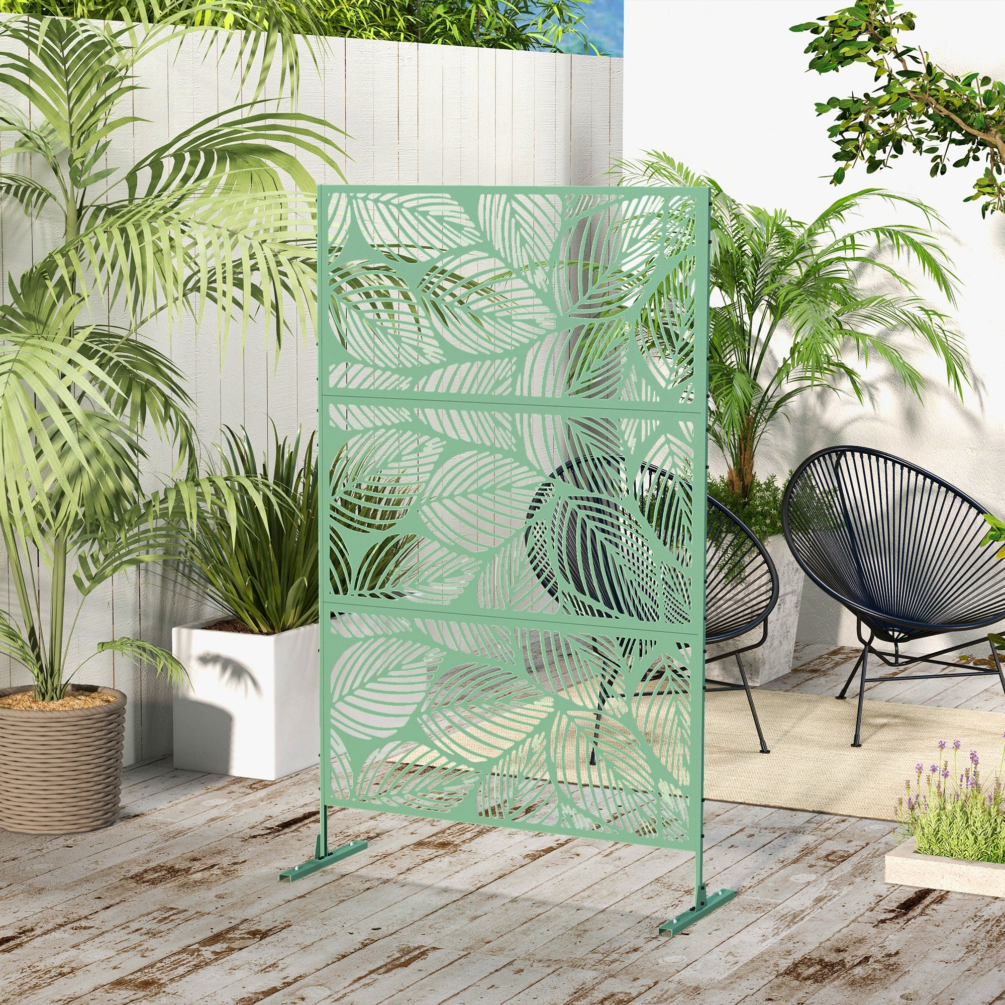 6.5FT Decorative Outdoor Divider, Metal Privacy Screen with Stand, Leaf Style, Light Green - Image 4