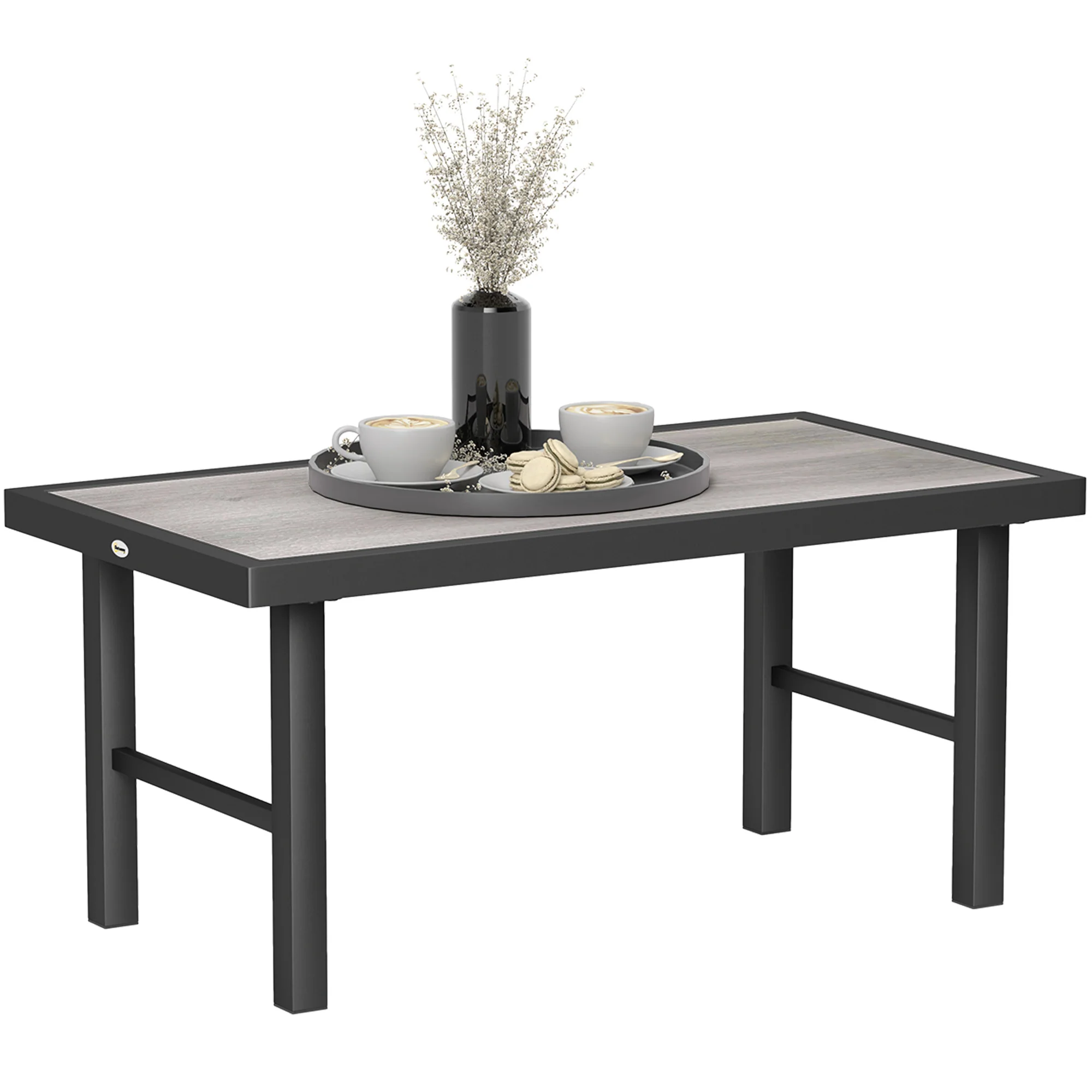 Outdoor Side Table with SPC Woodgrain Tabletop, Metal Patio Coffee Table, Distressed Grey