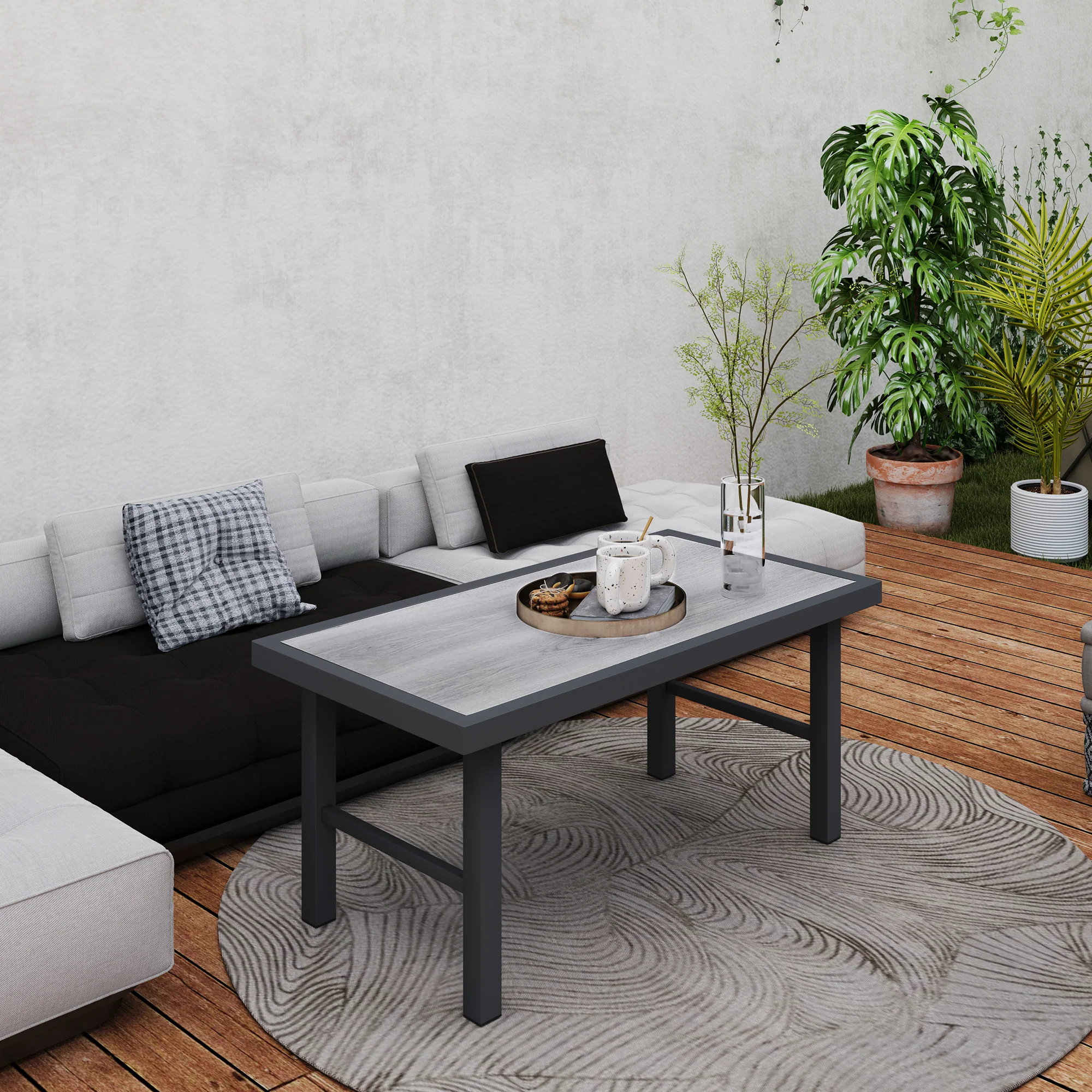 Outdoor Side Table with SPC Woodgrain Tabletop, Metal Patio Coffee Table, Distressed Grey - Image 10