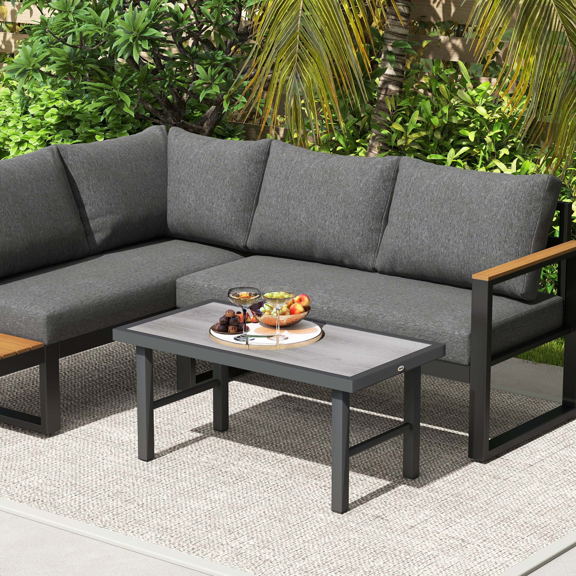 Outdoor Side Table with SPC Woodgrain Tabletop, Metal Patio Coffee Table, Distressed Grey - Image 11