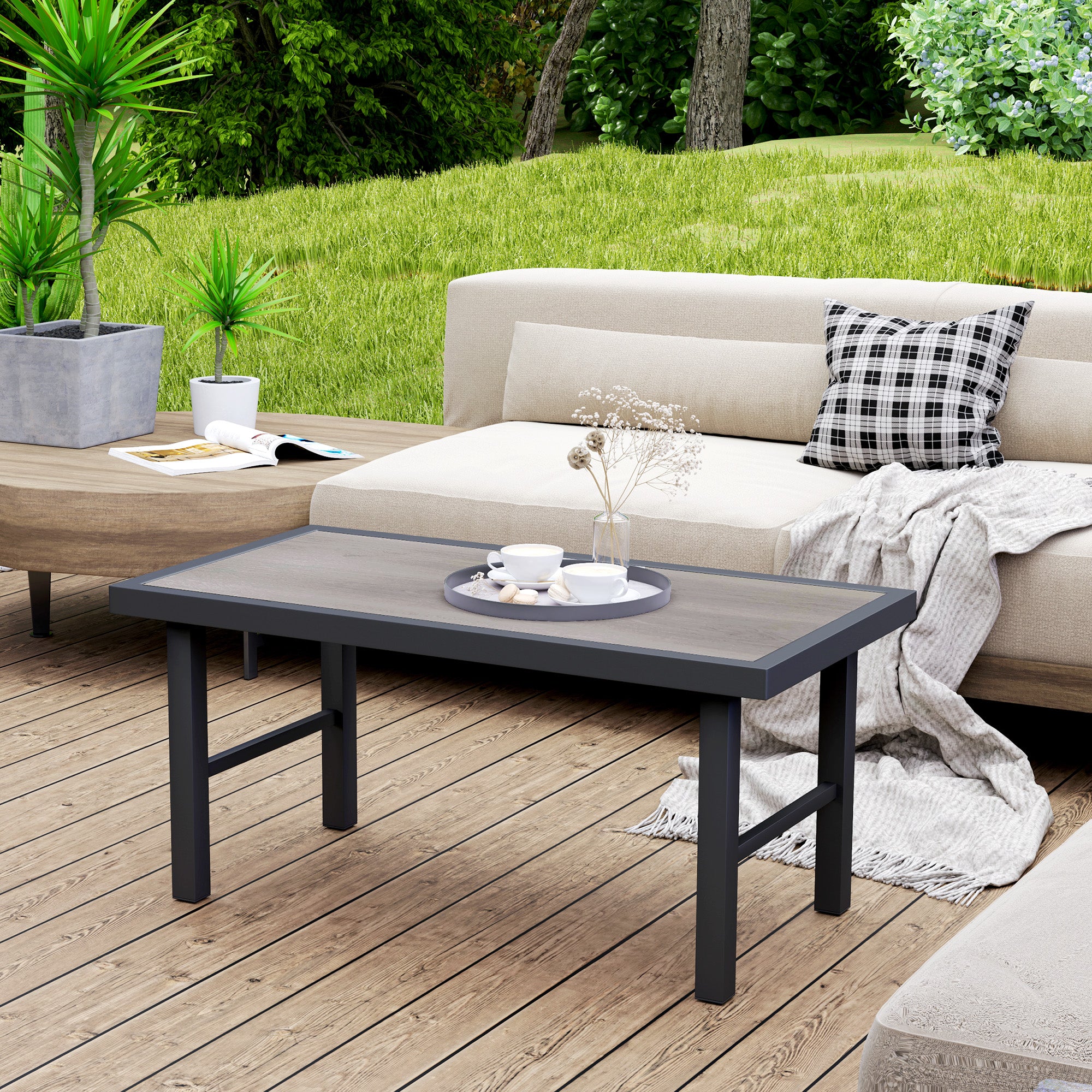 Outdoor Side Table with SPC Woodgrain Tabletop, Metal Patio Coffee Table, Distressed Grey - Image 3