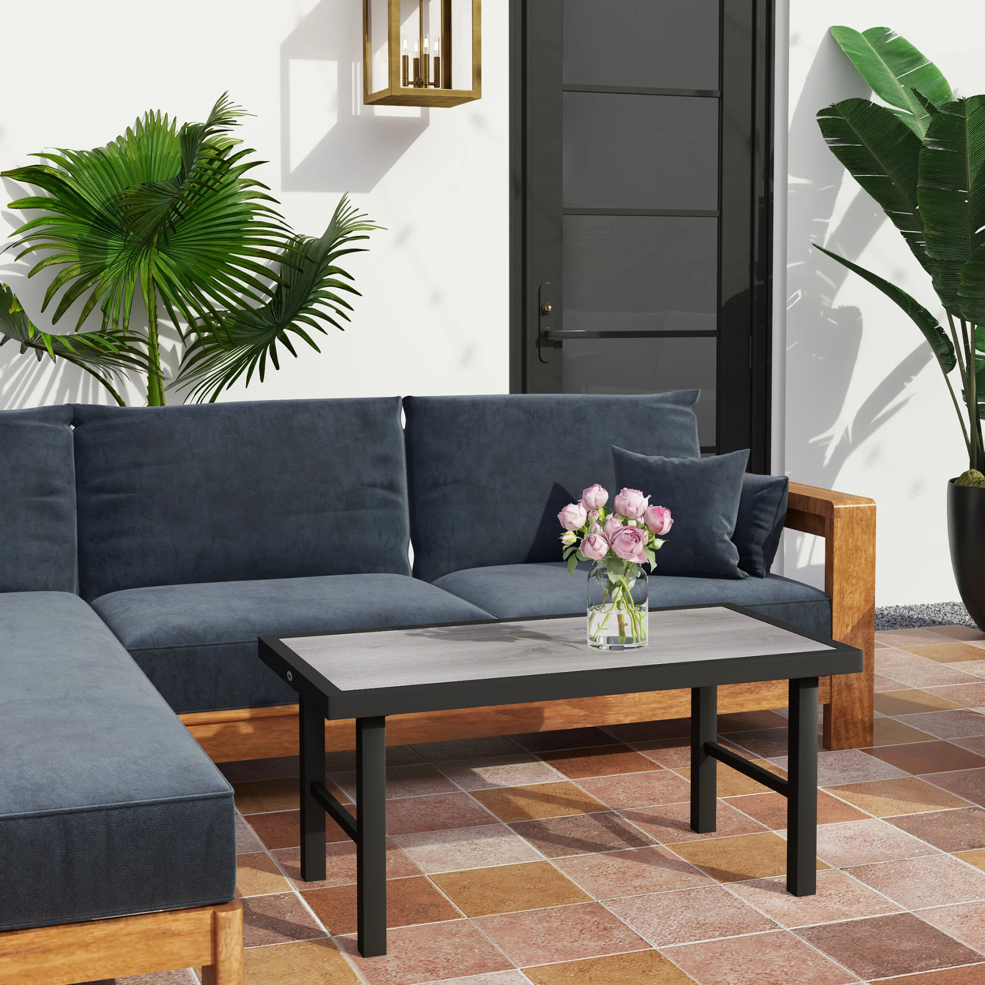 Outdoor Side Table with SPC Woodgrain Tabletop, Metal Patio Coffee Table, Distressed Grey - Image 4