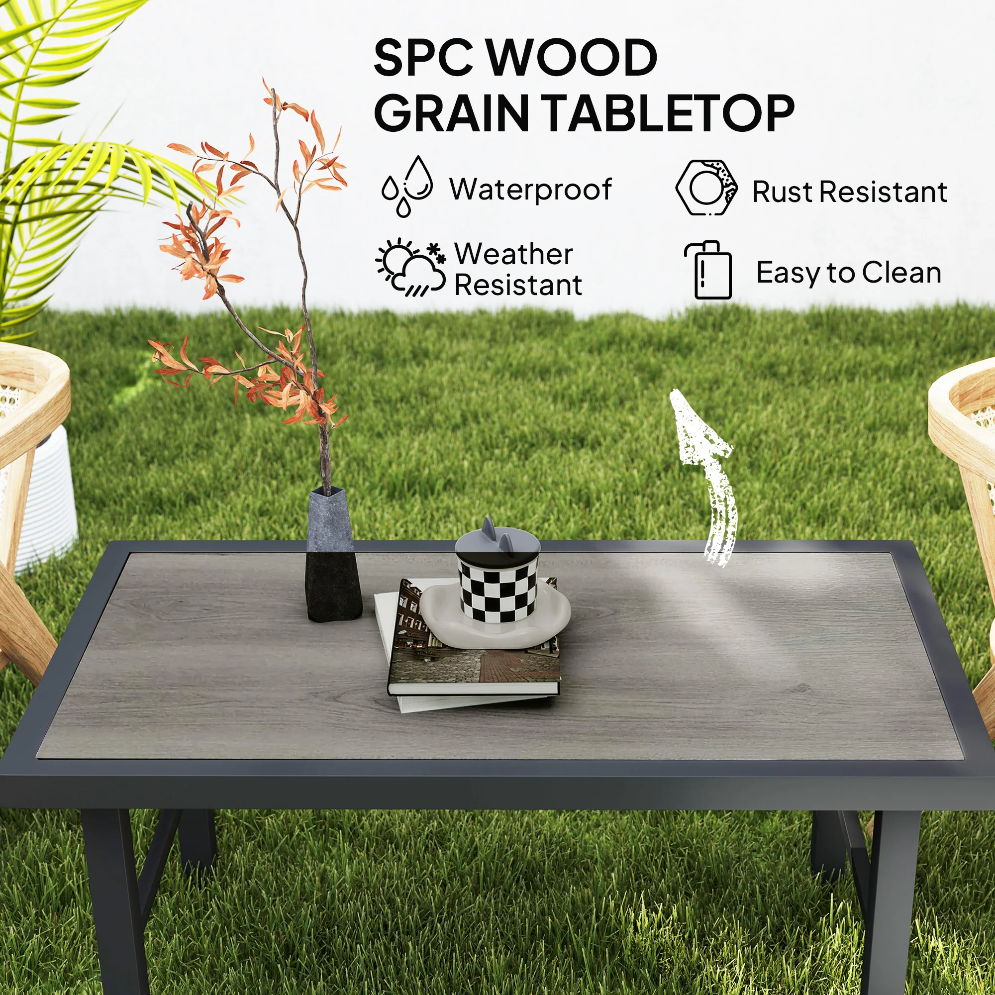 Outdoor Side Table with SPC Woodgrain Tabletop, Metal Patio Coffee Table, Distressed Grey - Image 6