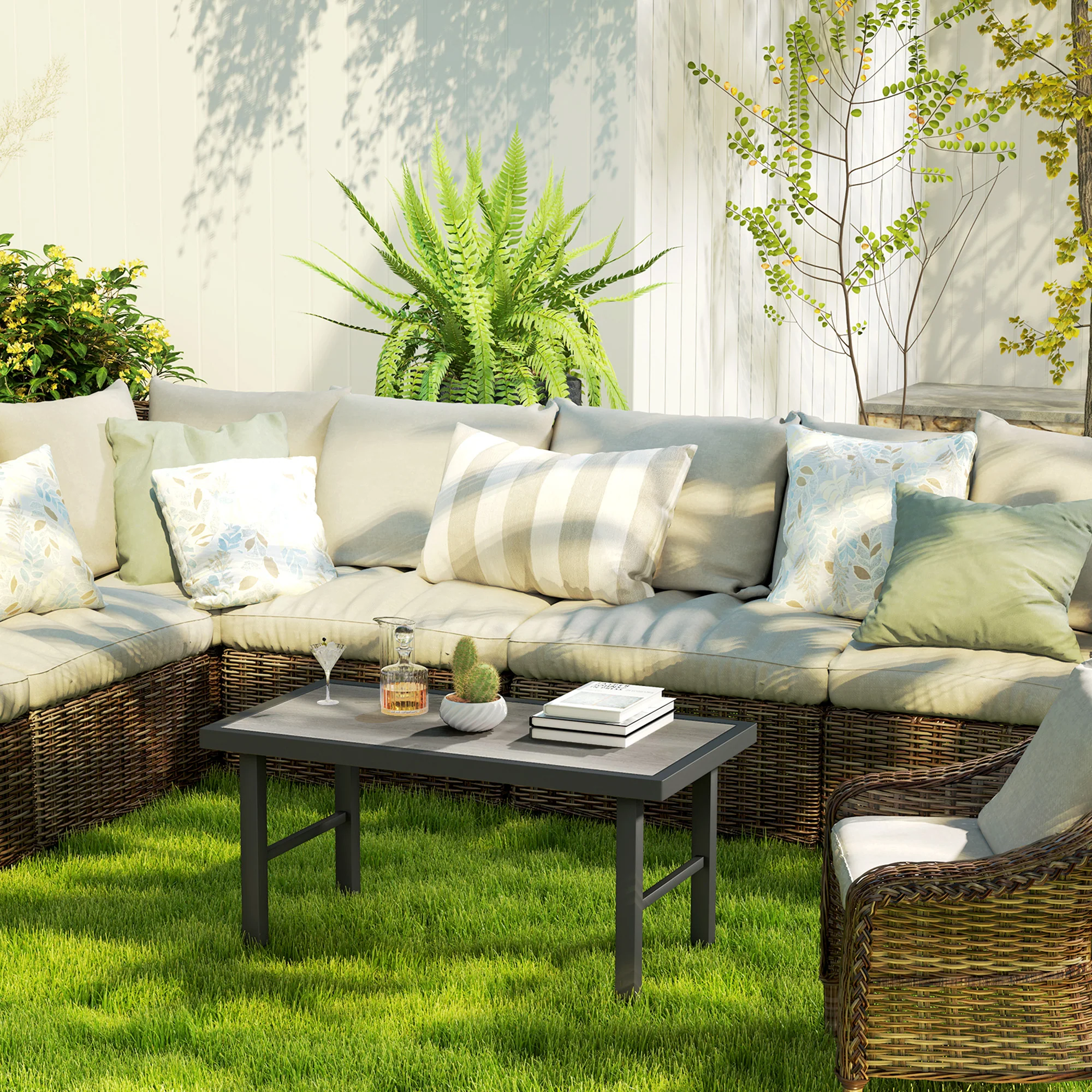 Outdoor Side Table with SPC Woodgrain Tabletop, Metal Patio Coffee Table, Distressed Grey - Image 9