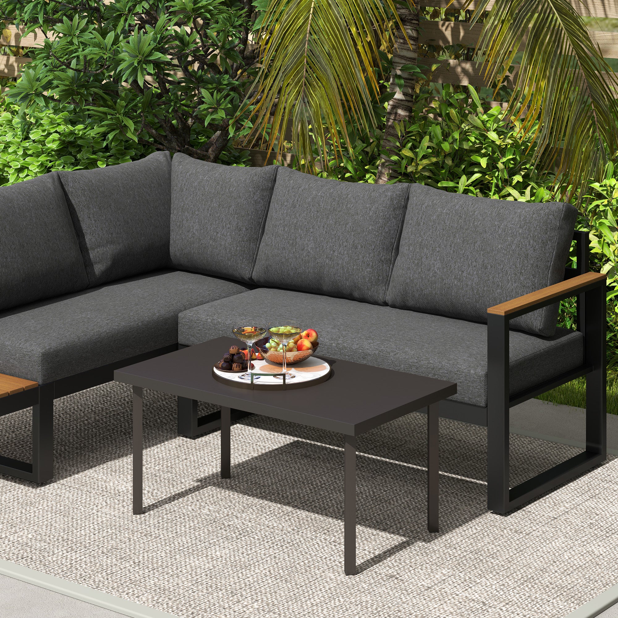Metal Outdoor Side Table, Rectangle Patio Coffee Table with Woodgrain Tabletop, Brown - Image 11