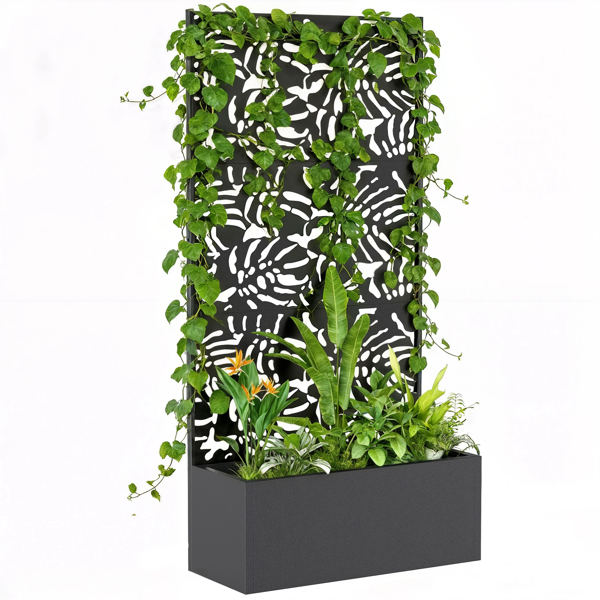 71" Metal Planter Box with Trellis, Banana-Leaf Cut-Out