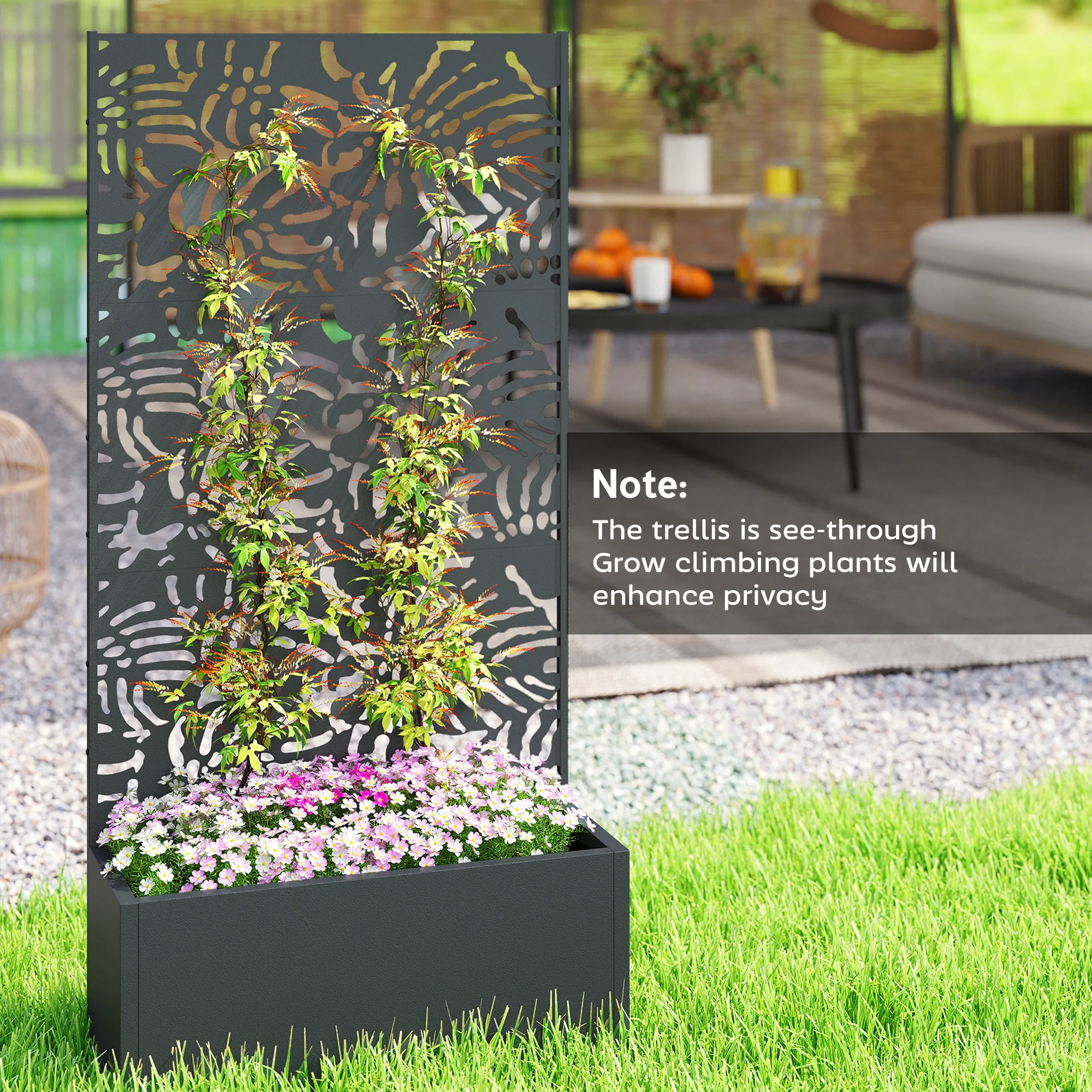 71" Metal Planter Box with Trellis, Banana-Leaf Cut-Out - Image 10