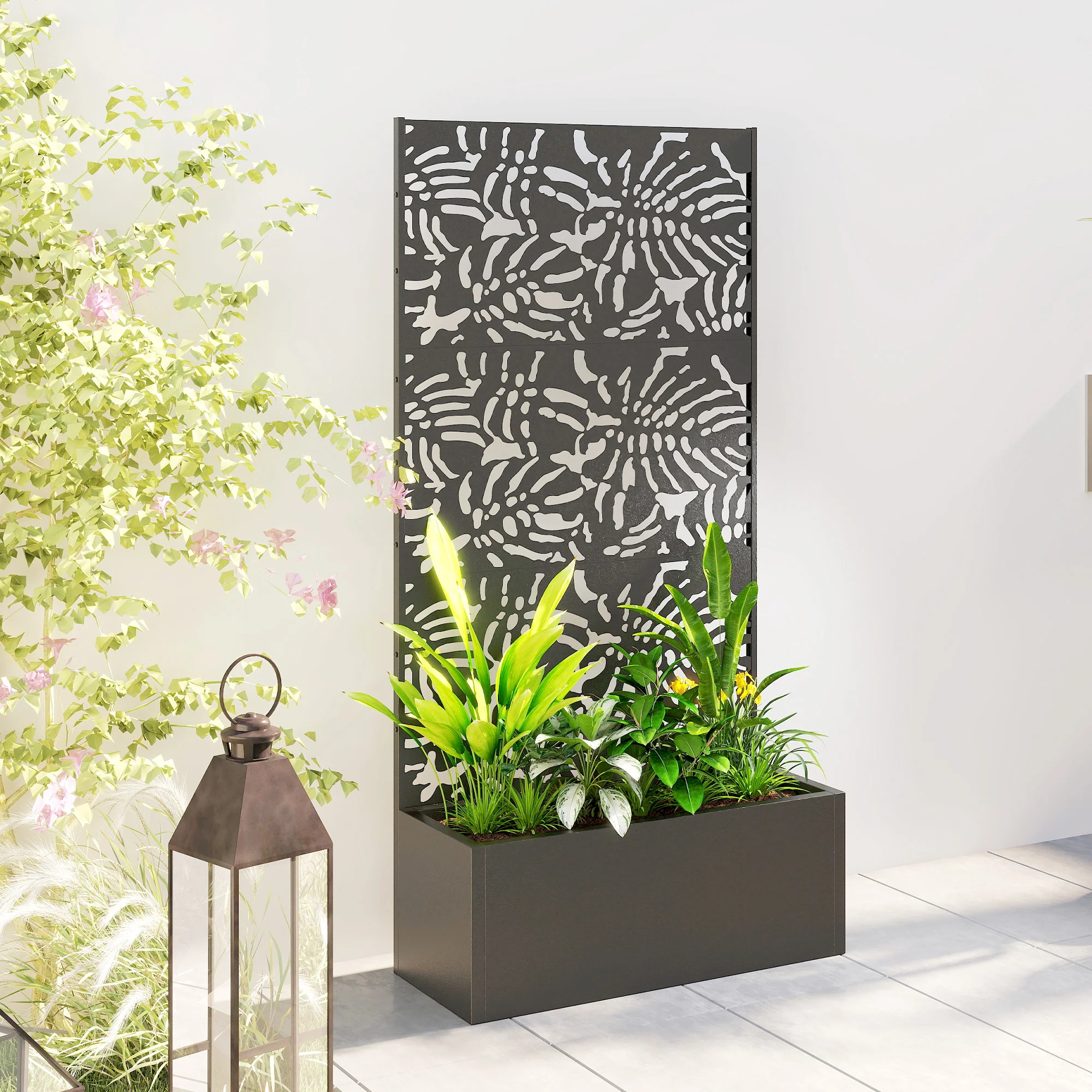 71" Metal Planter Box with Trellis, Banana-Leaf Cut-Out - Image 11