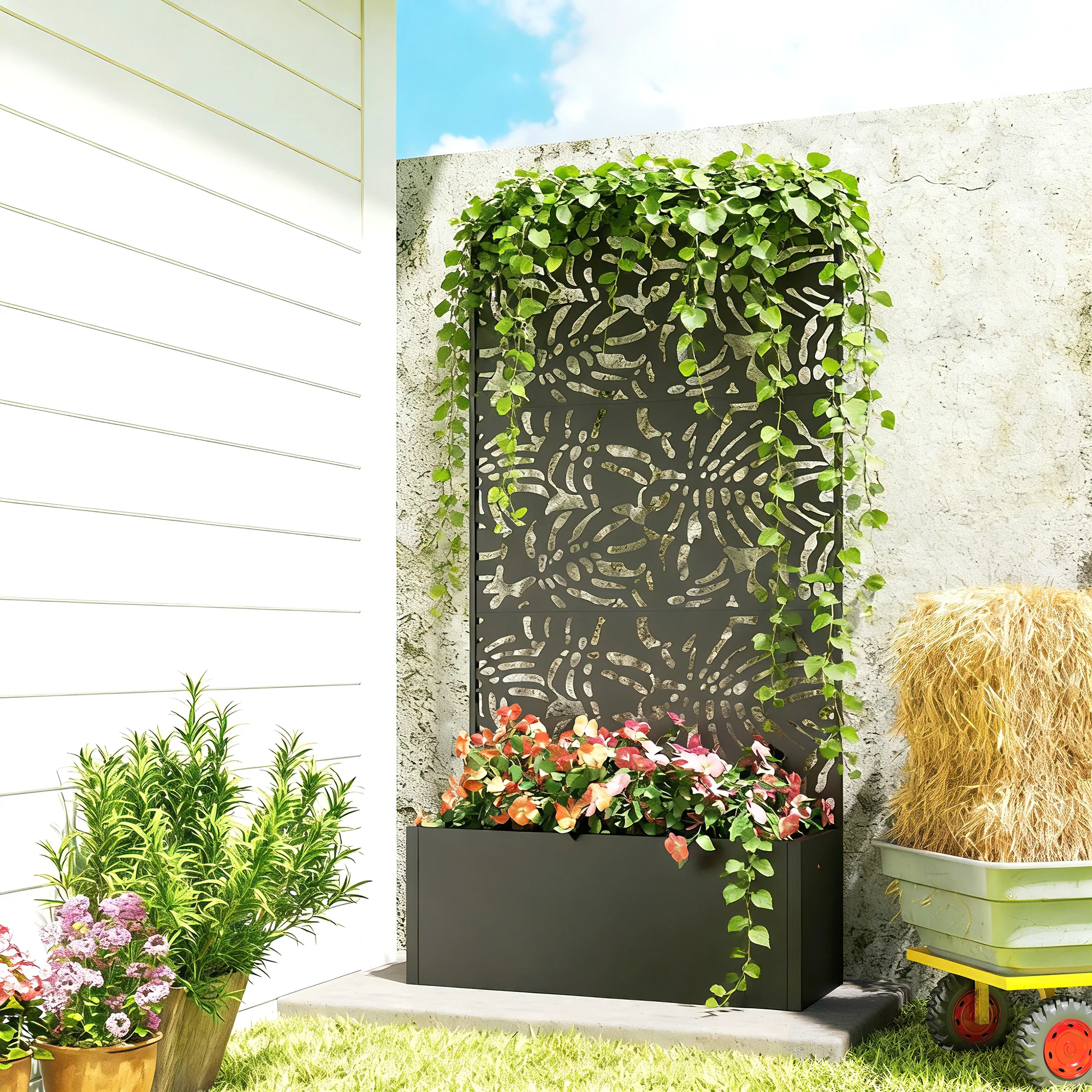 71" Metal Planter Box with Trellis, Banana-Leaf Cut-Out - Image 3