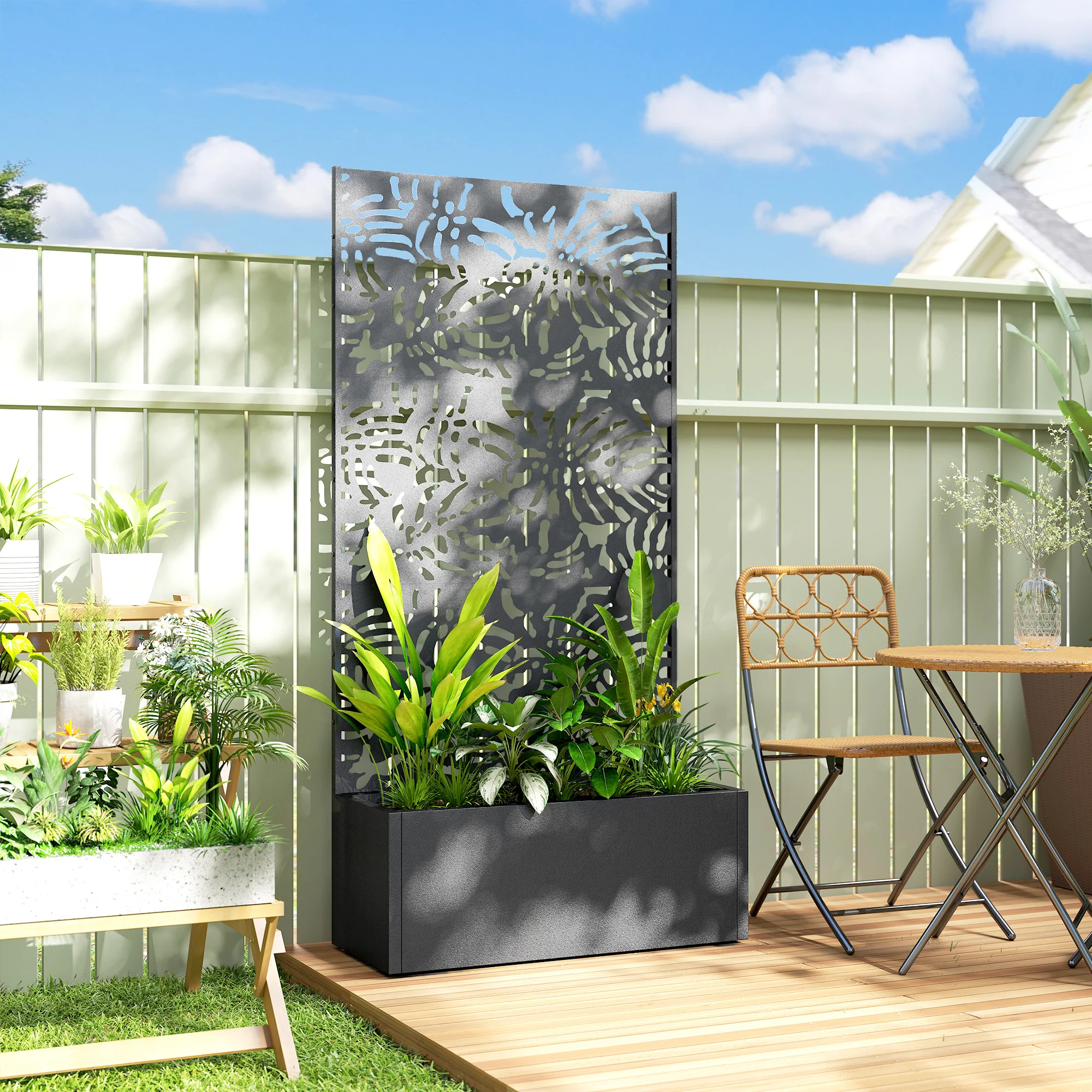 71" Metal Planter Box with Trellis, Banana-Leaf Cut-Out - Image 4