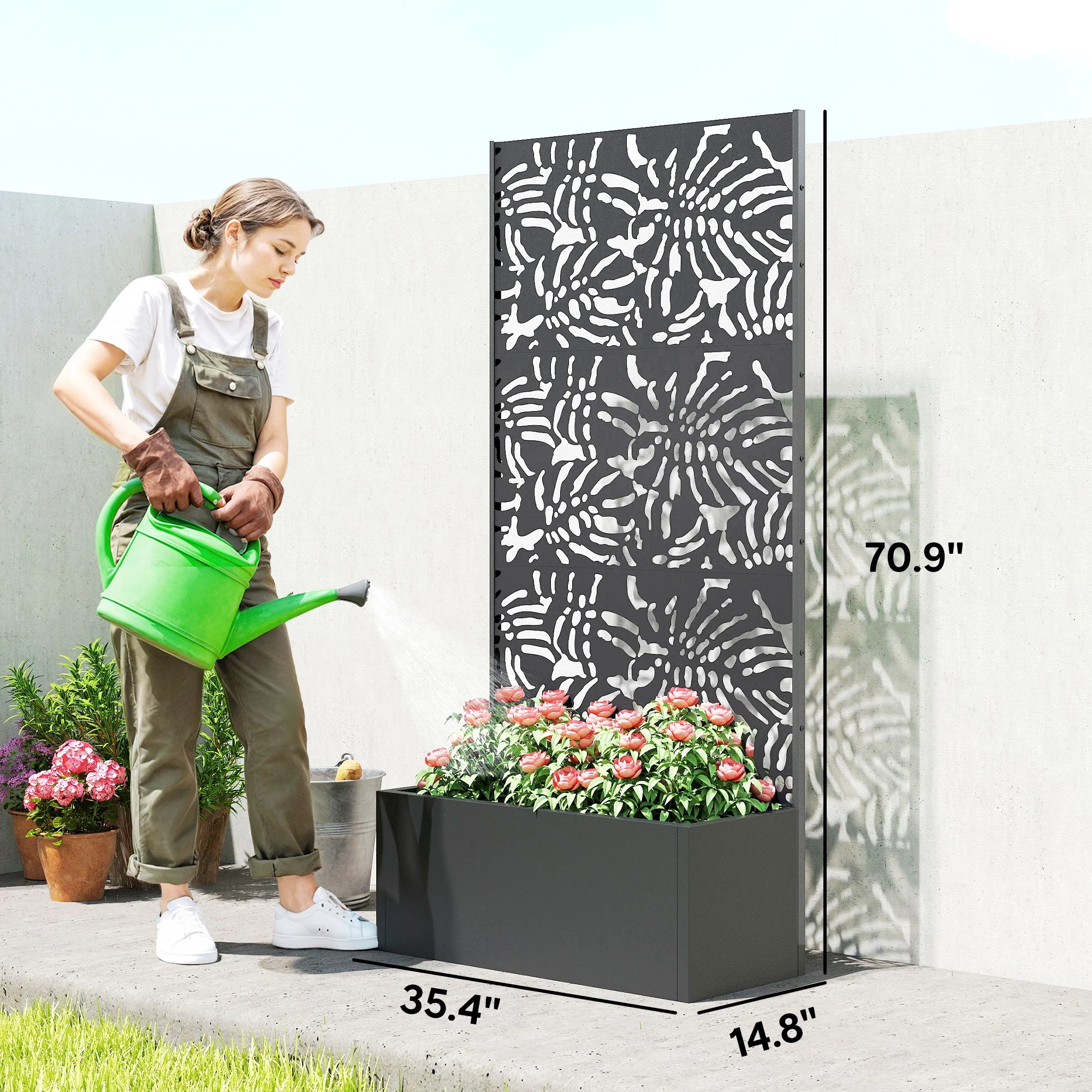 71" Metal Planter Box with Trellis, Banana-Leaf Cut-Out - Image 5