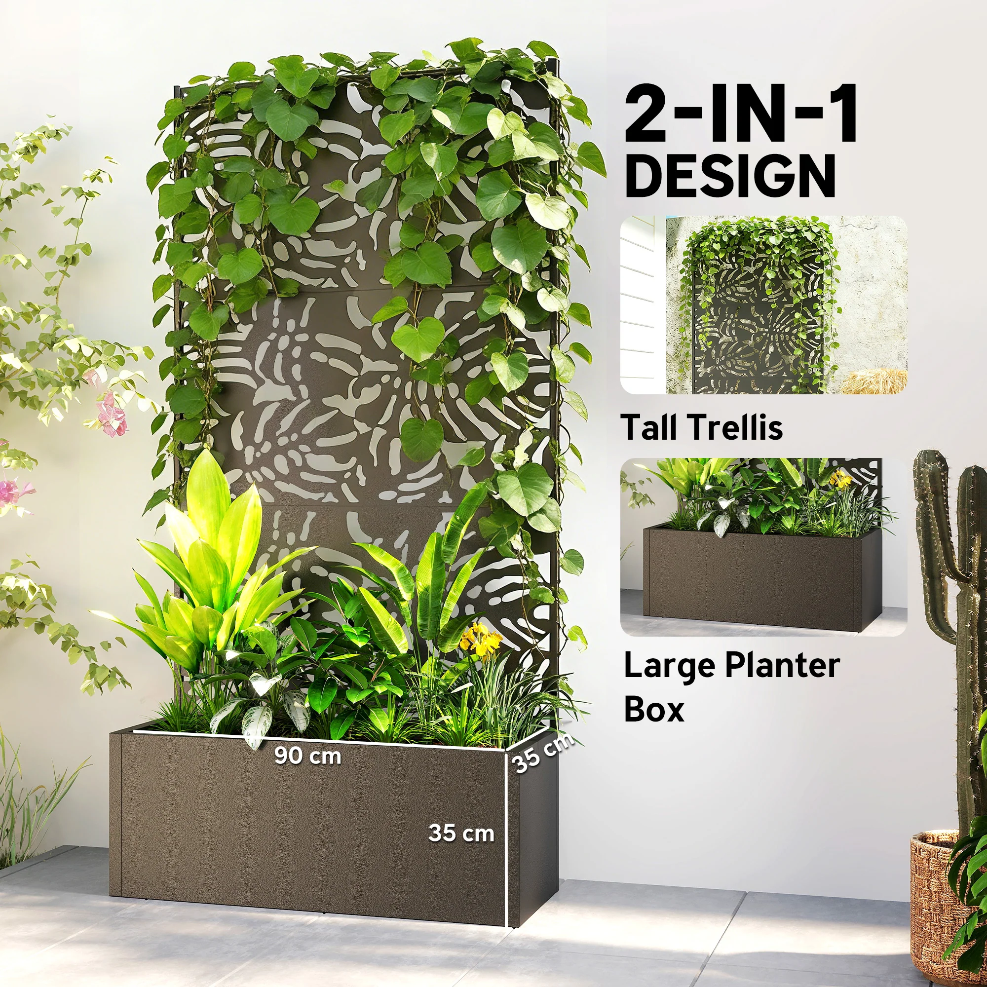 71" Metal Planter Box with Trellis, Banana-Leaf Cut-Out - Image 6