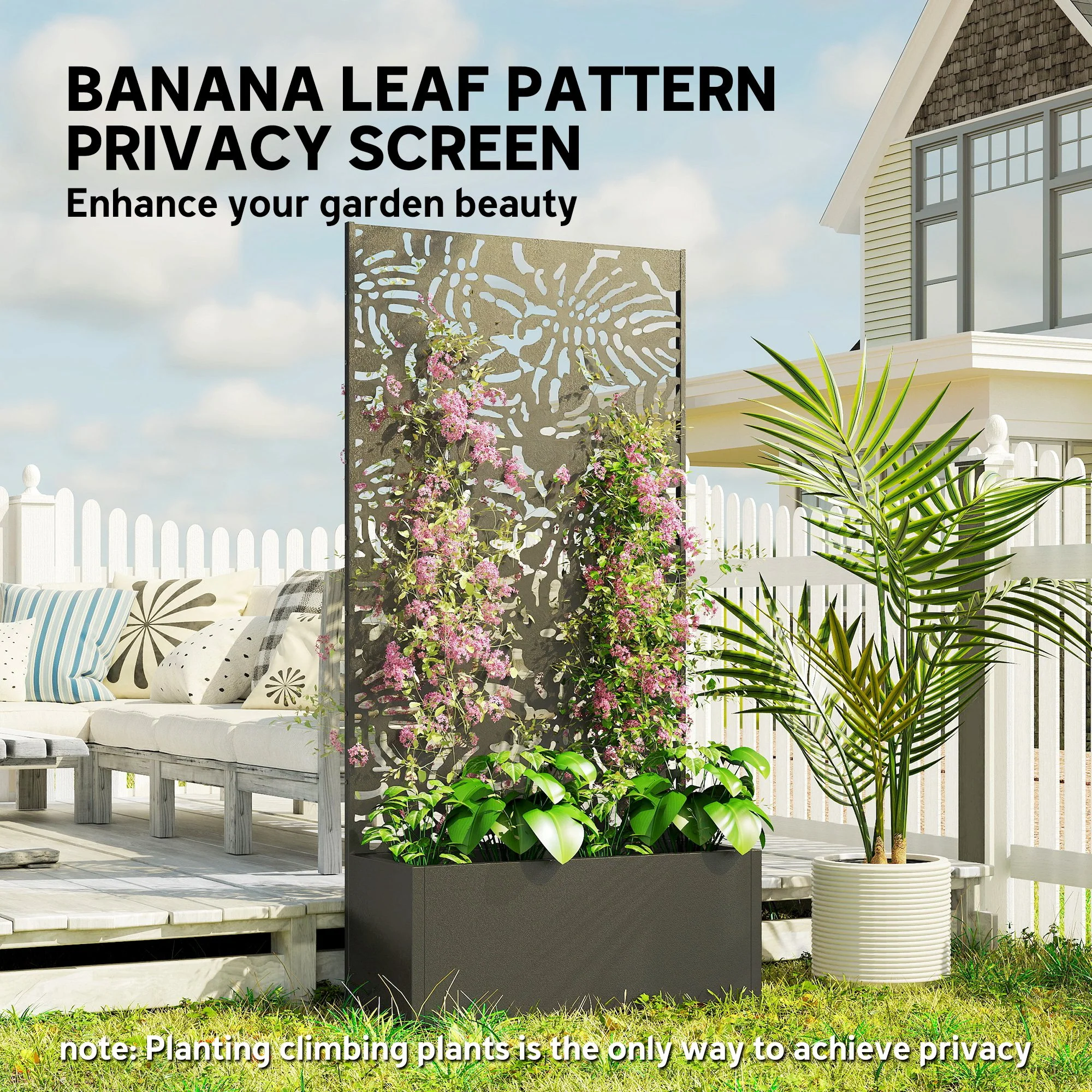 71" Metal Planter Box with Trellis, Banana-Leaf Cut-Out - Image 7