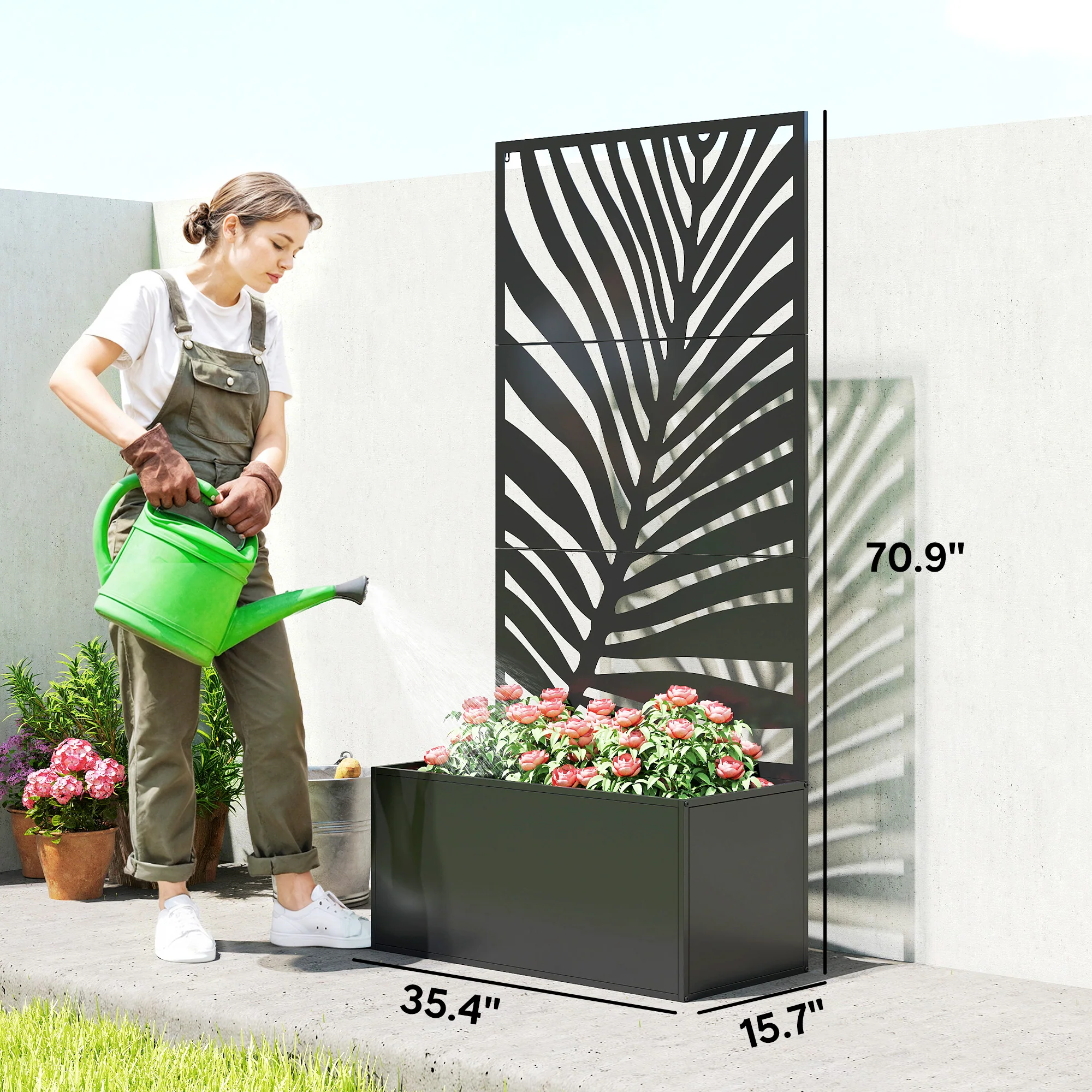 71" Metal Planter Box with Trellis, Large Leaf Cut-Out - Image 5