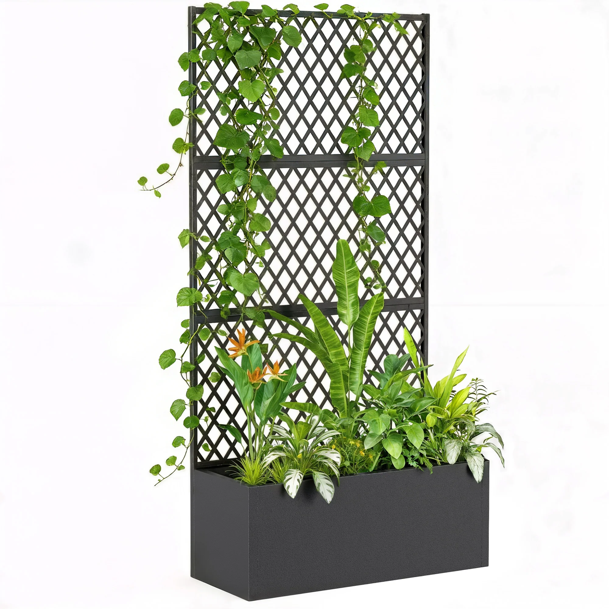 Metal Planter Box with Trellis Privacy Screen, Diamond Lattice