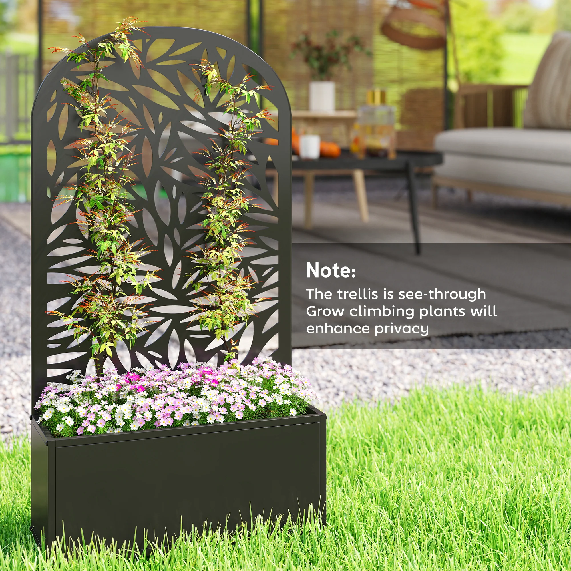 Metal Raised Garden Bed with Curved Trellis Panel, Leaves Cut-Out - Image 10