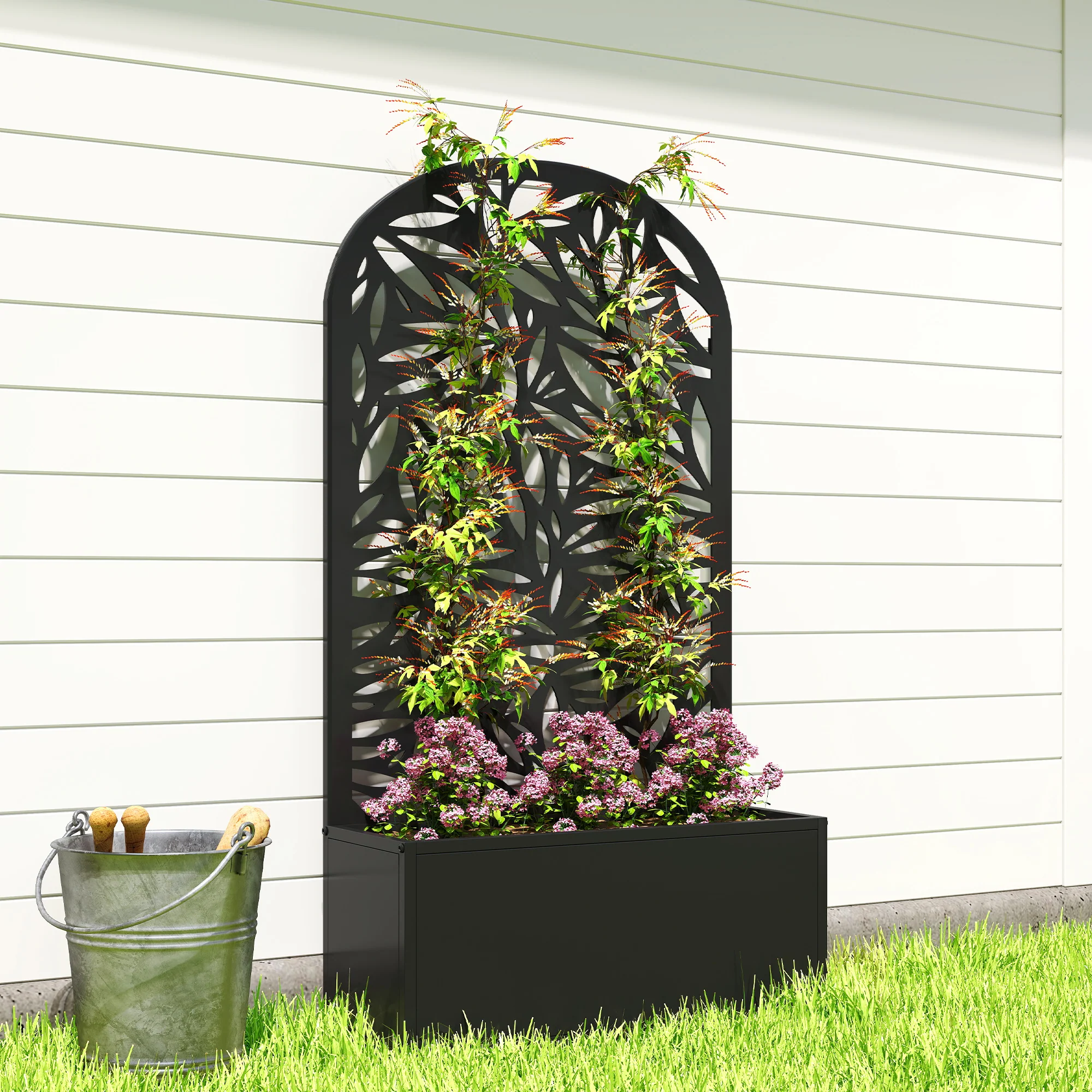 Metal Raised Garden Bed with Curved Trellis Panel, Leaves Cut-Out - Image 11