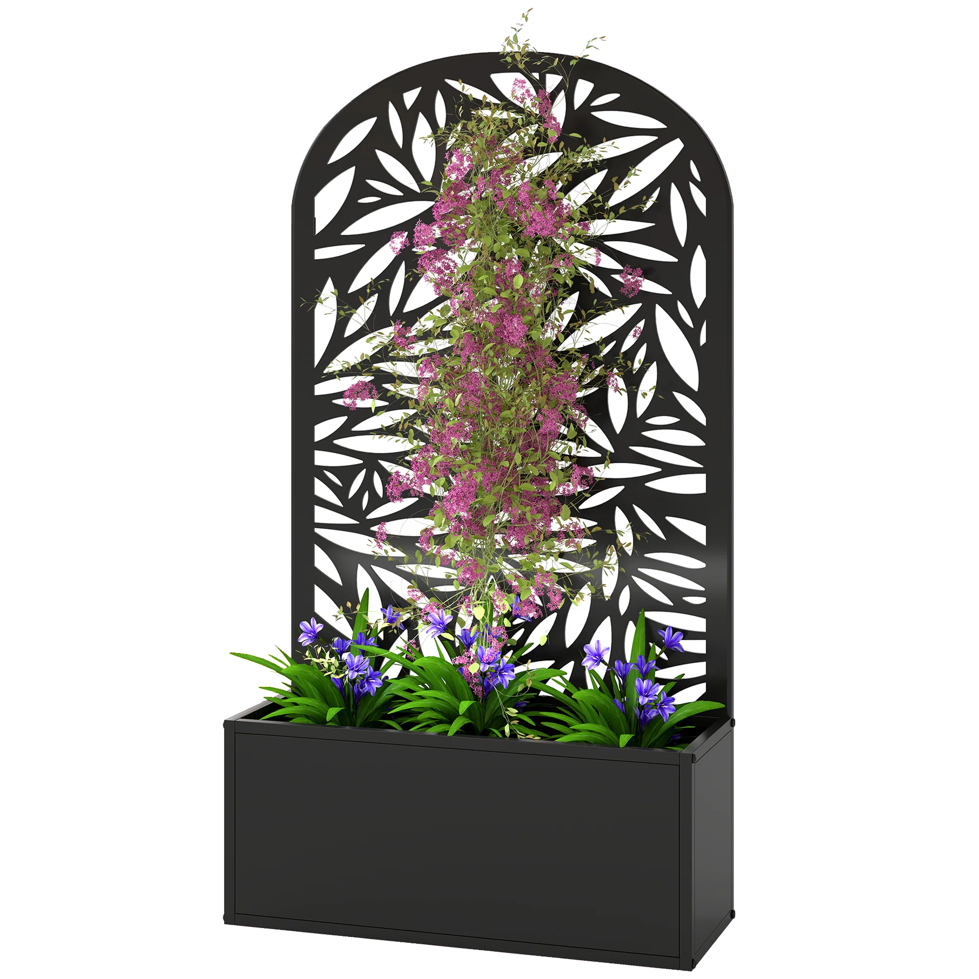 Metal Raised Garden Bed with Curved Trellis Panel, Leaves Cut-Out - Image 2