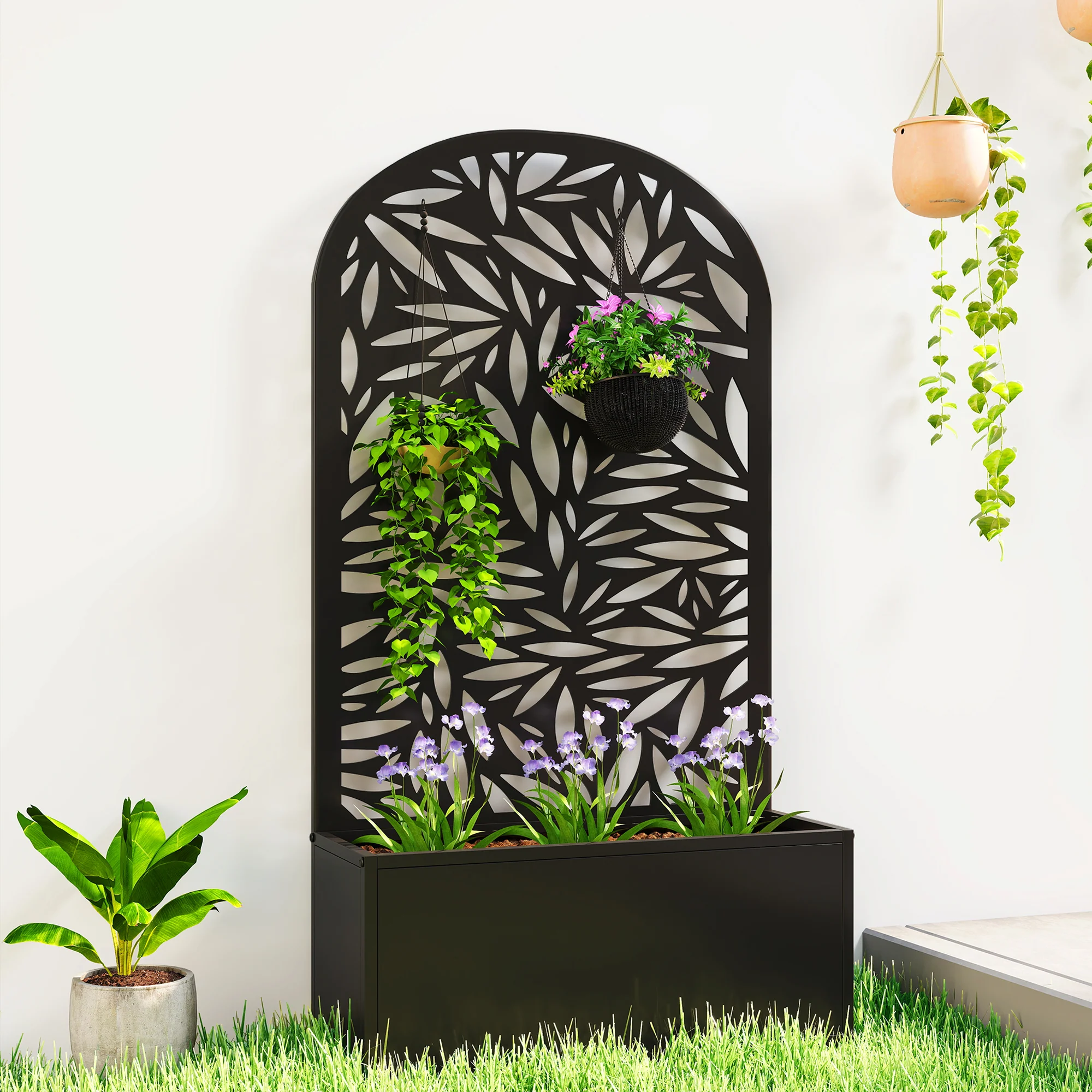 Metal Raised Garden Bed with Curved Trellis Panel, Leaves Cut-Out - Image 3
