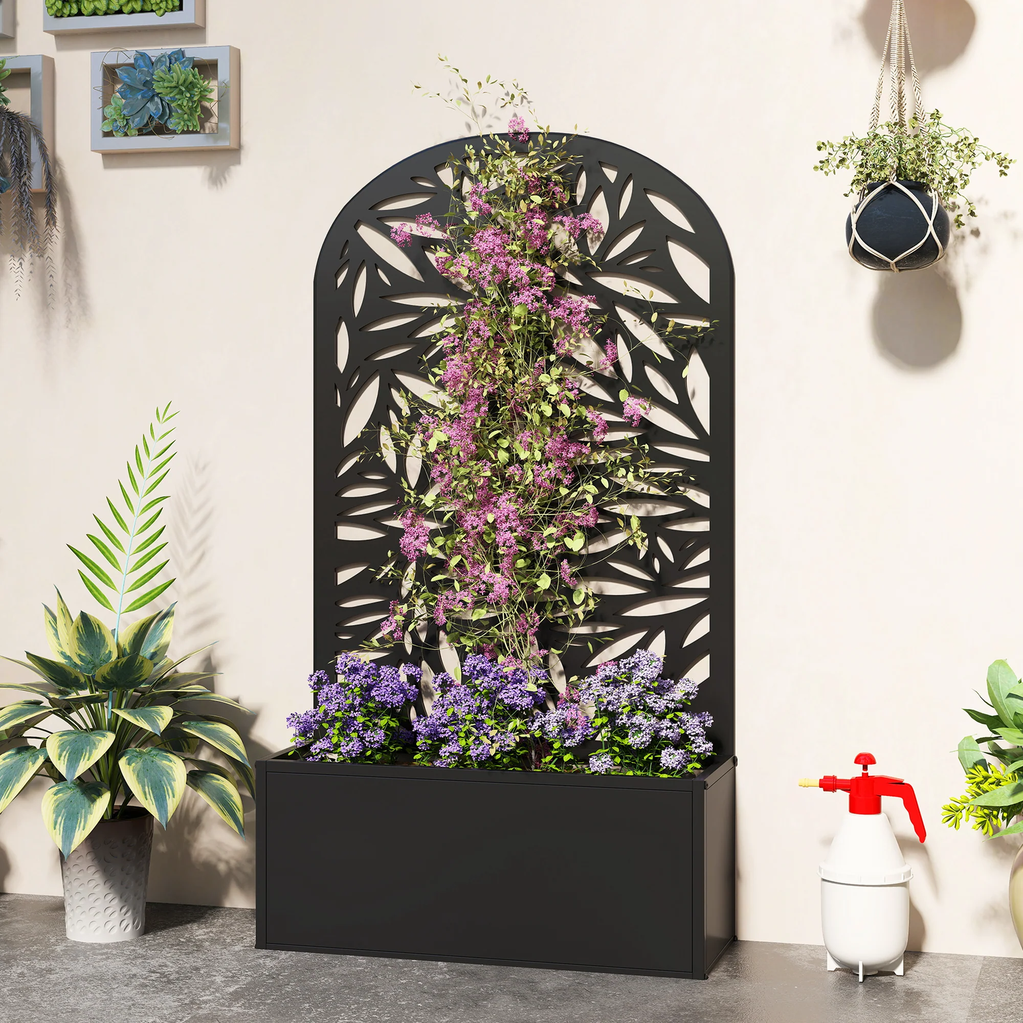 Metal Raised Garden Bed with Curved Trellis Panel, Leaves Cut-Out - Image 4