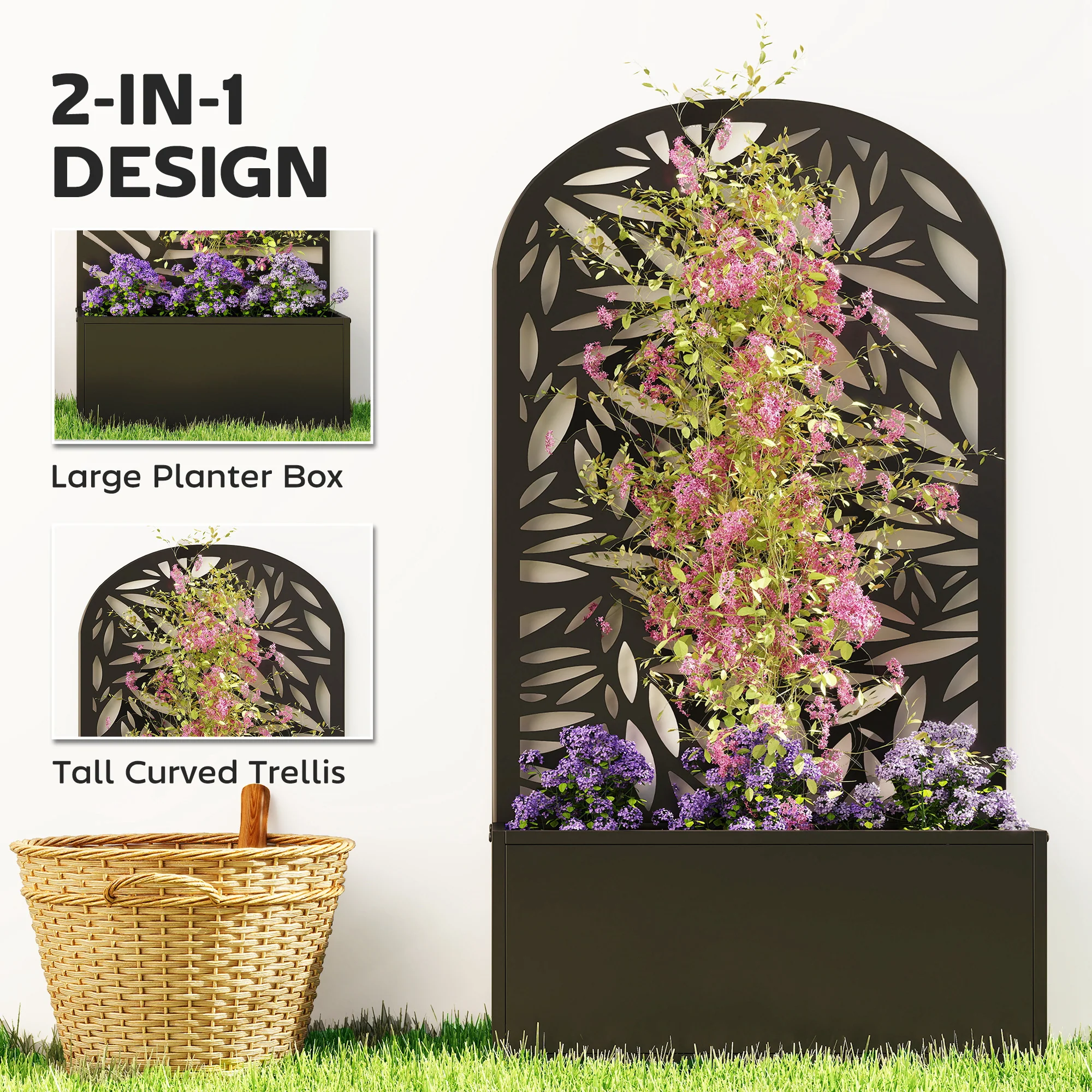 Metal Raised Garden Bed with Curved Trellis Panel, Leaves Cut-Out - Image 6
