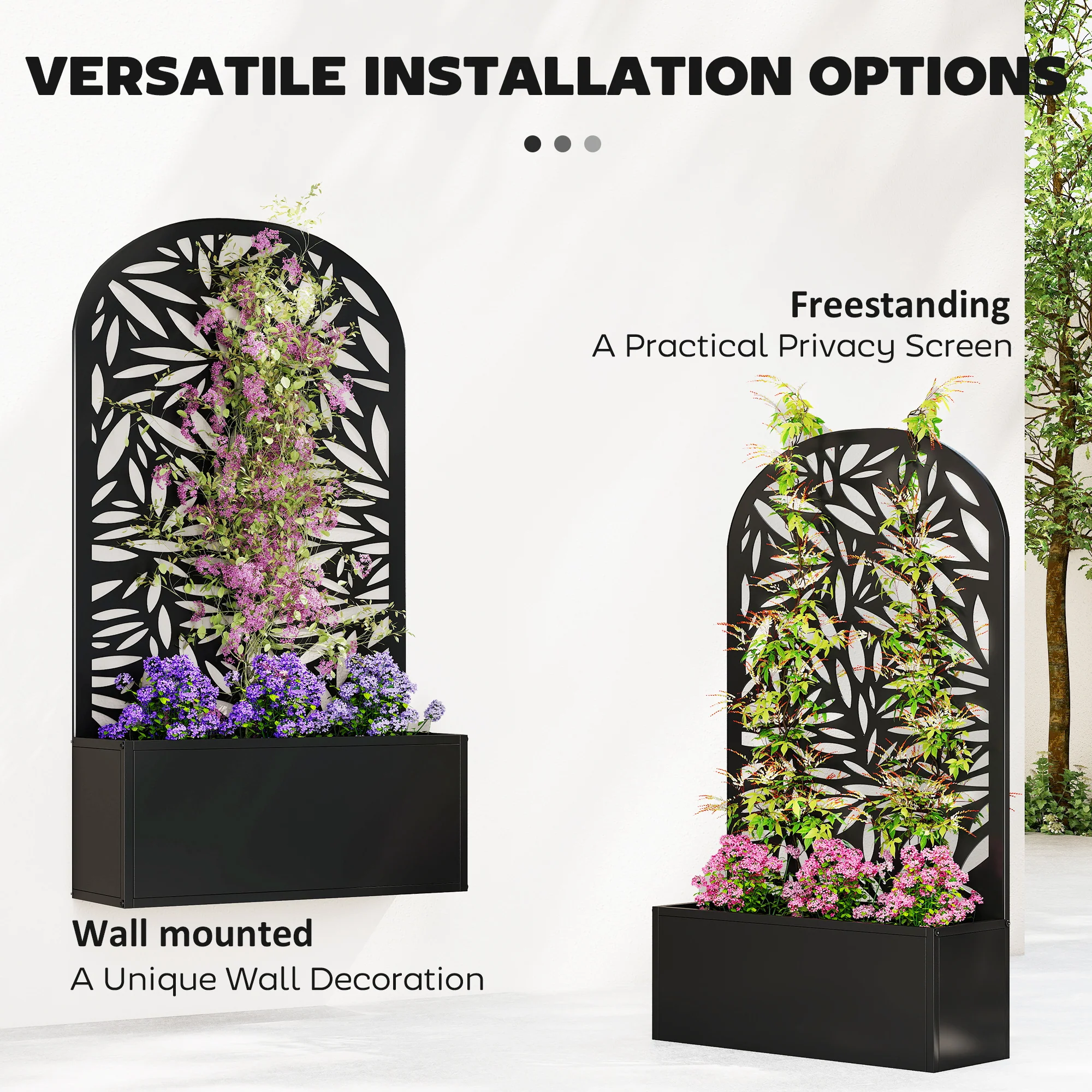 Metal Raised Garden Bed with Curved Trellis Panel, Leaves Cut-Out - Image 7