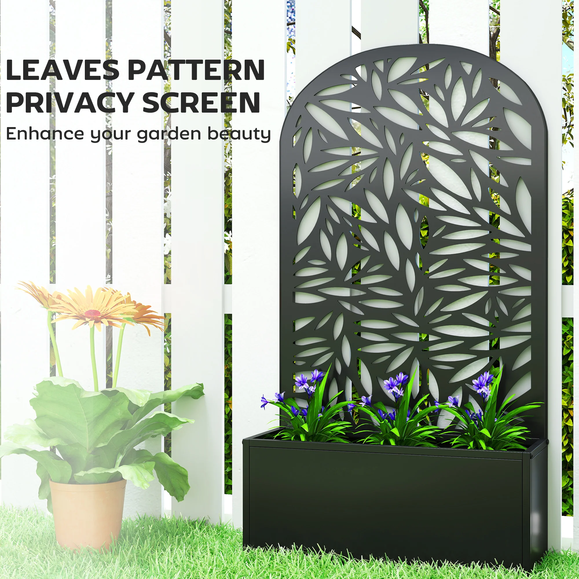 Metal Raised Garden Bed with Curved Trellis Panel, Leaves Cut-Out - Image 8
