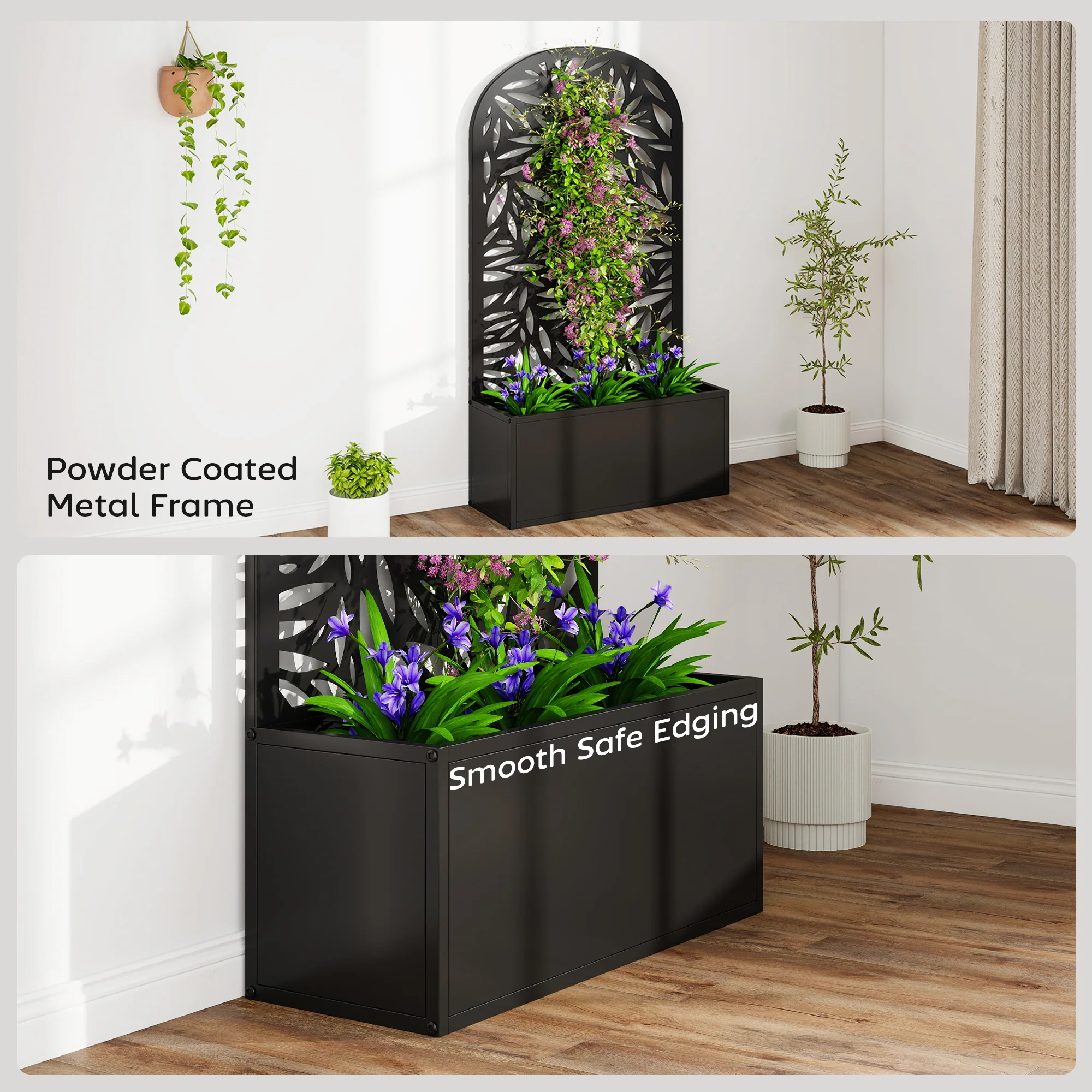 Metal Raised Garden Bed with Curved Trellis Panel, Leaves Cut-Out - Image 9
