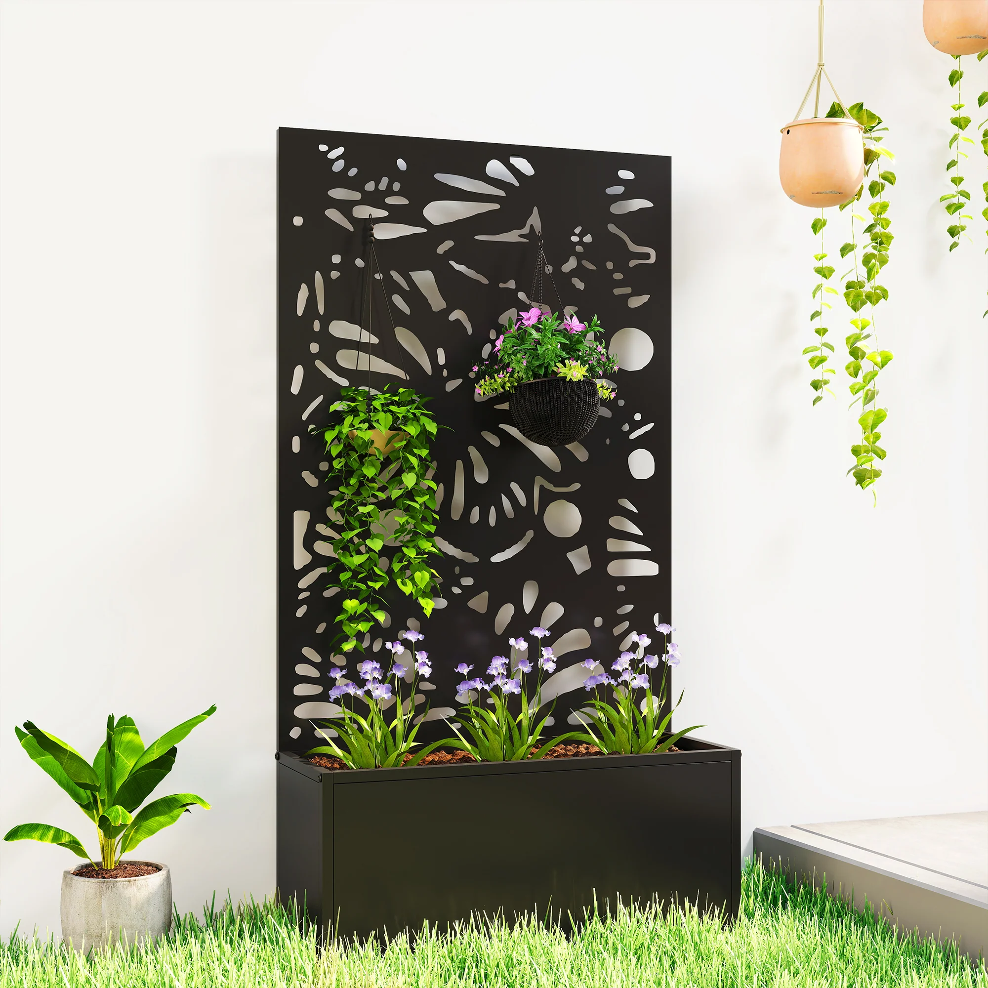 Metal Raised Garden Bed with Trellis Privacy Panel, Butterfly Cut-Out - Image 3