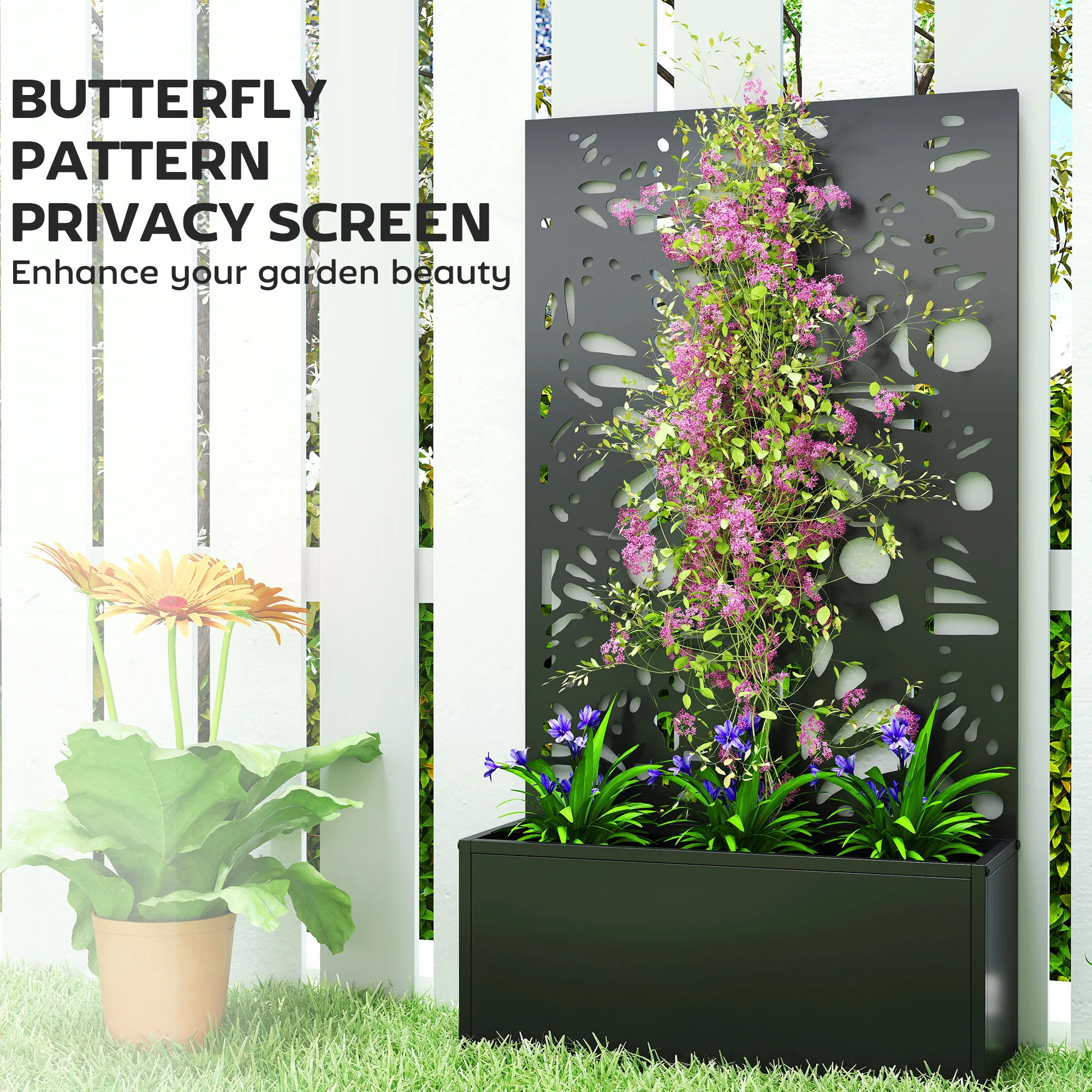 Metal Raised Garden Bed with Trellis Privacy Panel, Butterfly Cut-Out - Image 8