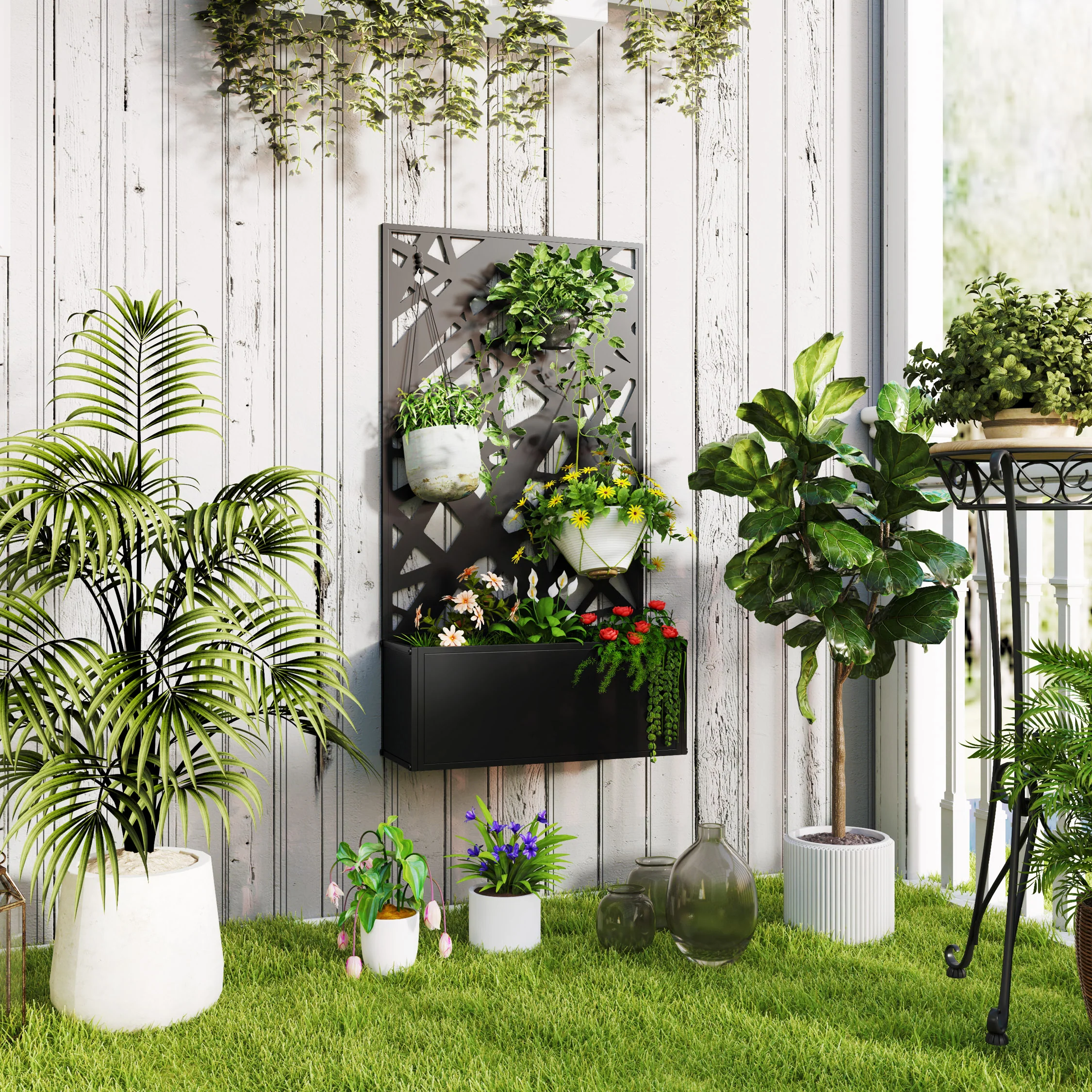 Metal Raised Garden Bed with Trellis Privacy Panel, Irregular Line Cut-Out - Image 3