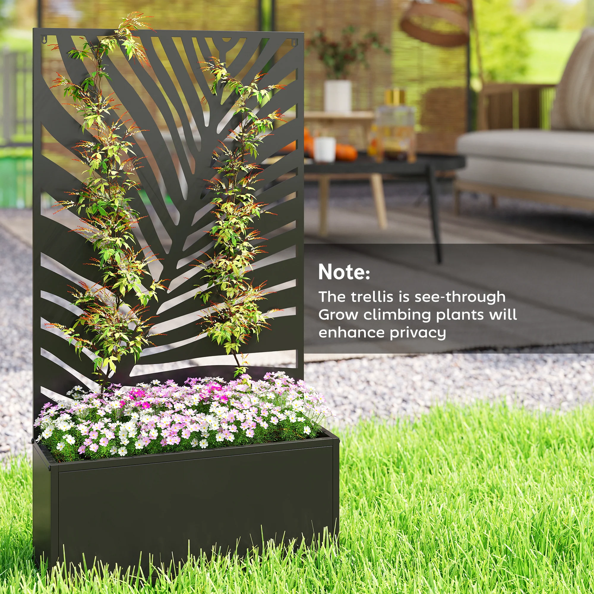 Metal Raised Garden Bed with Trellis Privacy Panel, Large Leaf Cut-Out - Image 10