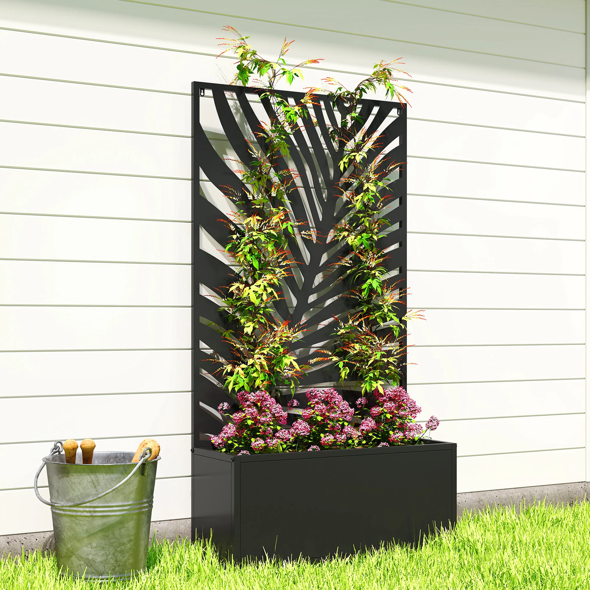 Metal Raised Garden Bed with Trellis Privacy Panel, Large Leaf Cut-Out - Image 11