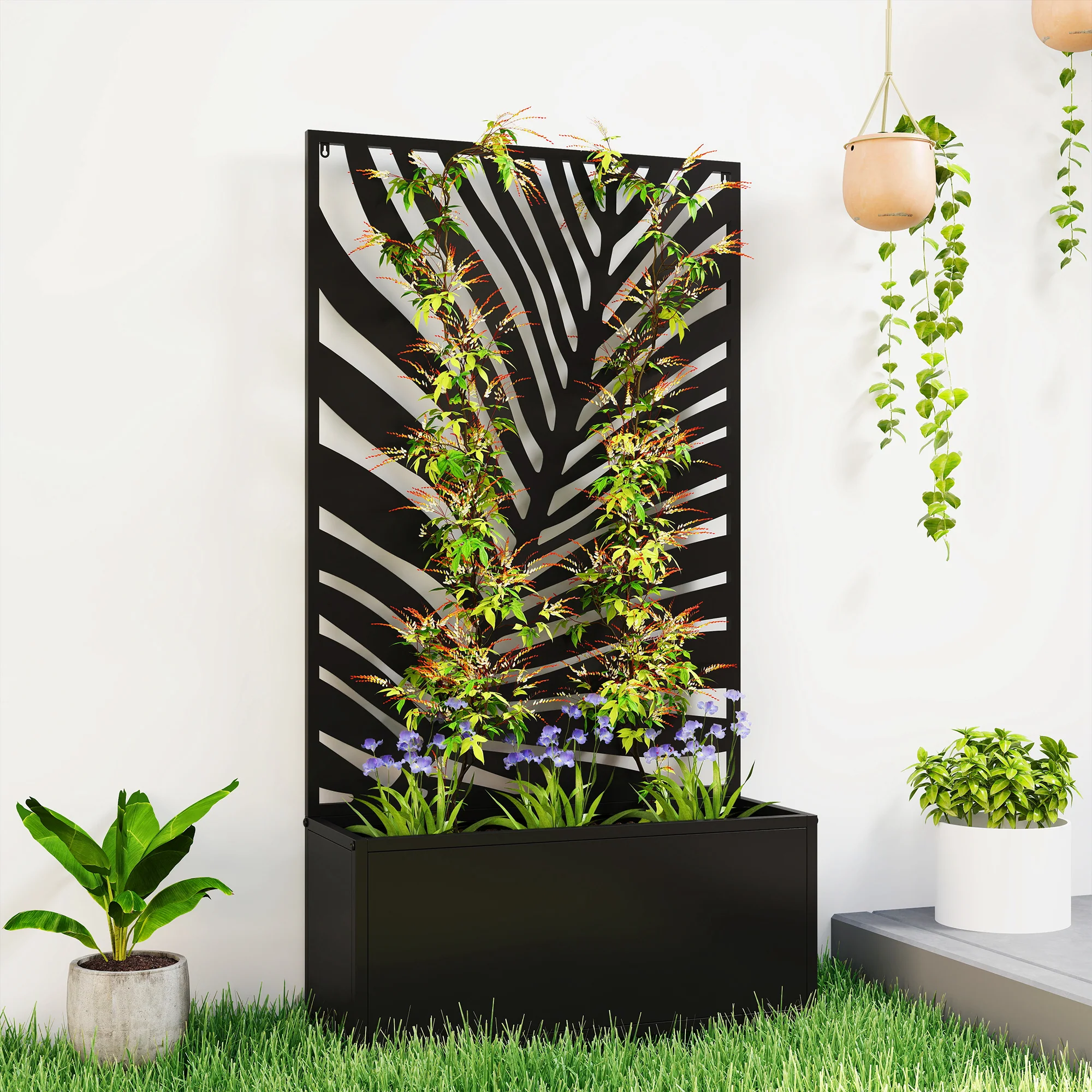 Metal Raised Garden Bed with Trellis Privacy Panel, Large Leaf Cut-Out - Image 3