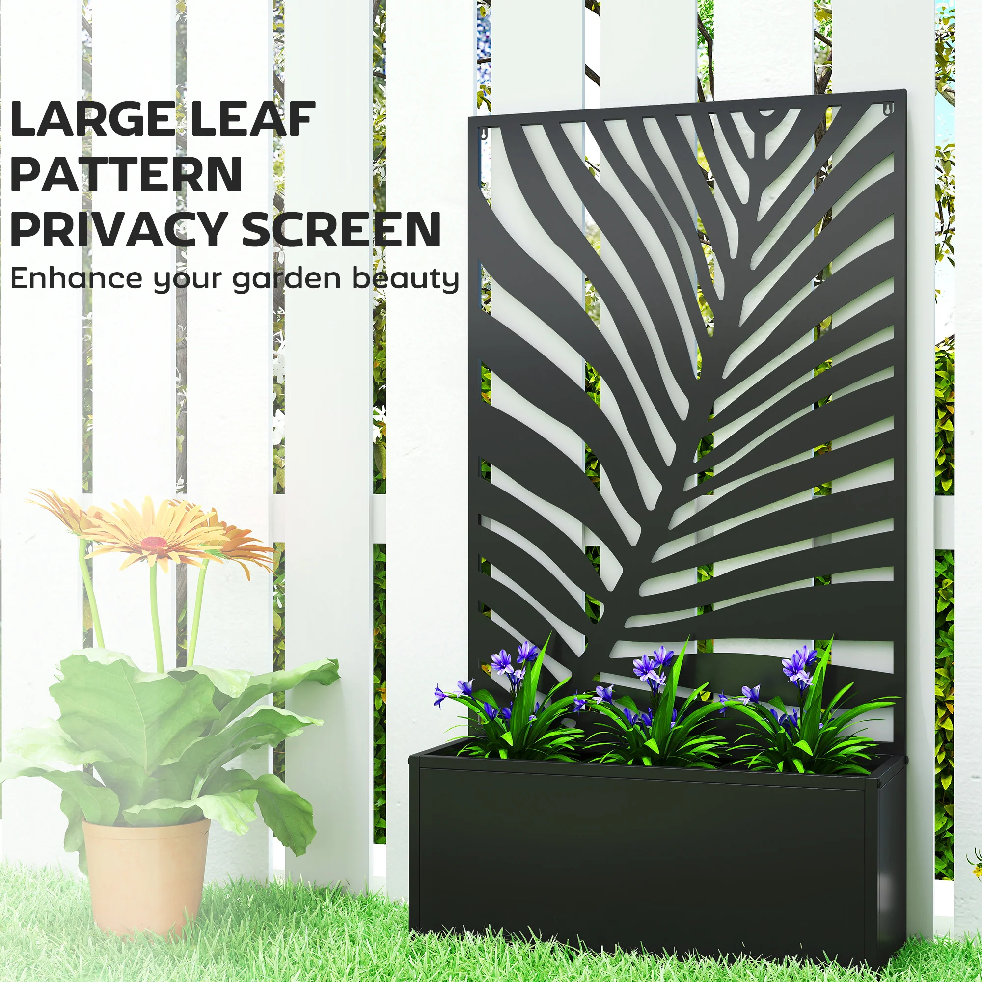 Metal Raised Garden Bed with Trellis Privacy Panel, Large Leaf Cut-Out - Image 8