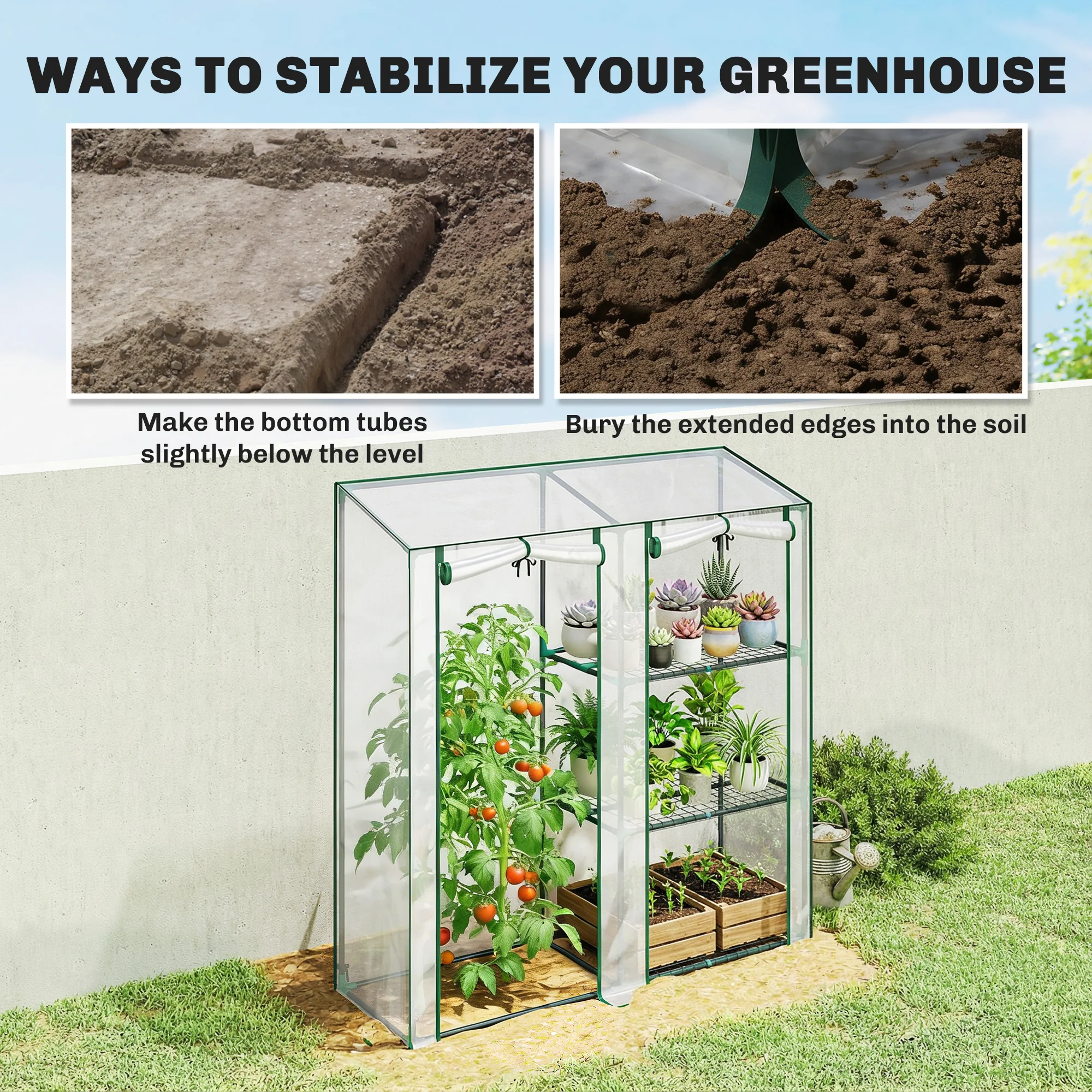 Mini Greenhouse with 3 Shelves and 2 Roll-up Doors, 56.3" x 17.7" x 59.4" - Image 10