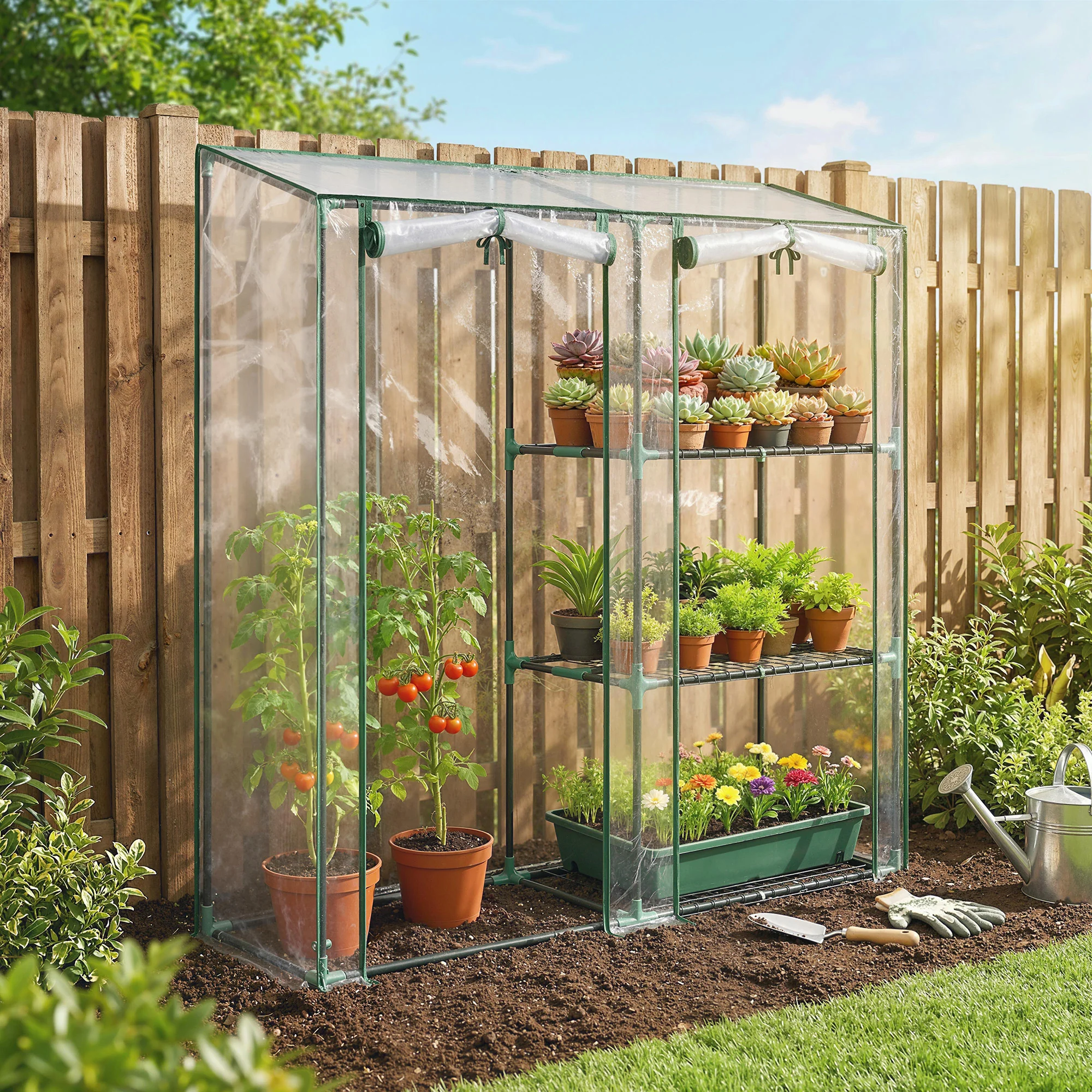 Mini Greenhouse with 3 Shelves and 2 Roll-up Doors, 56.3" x 17.7" x 59.4" - Image 11