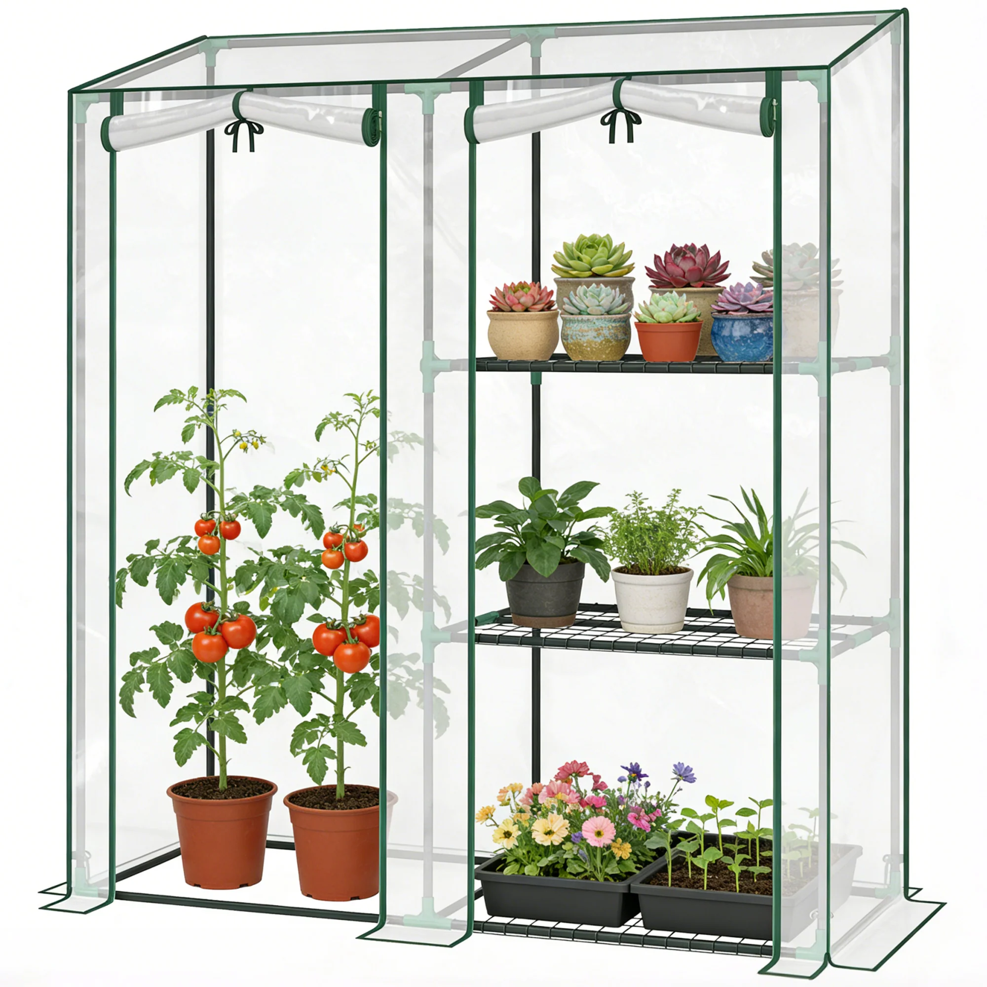 Mini Greenhouse with 3 Shelves and 2 Roll-up Doors, 56.3" x 17.7" x 59.4" - Image 2