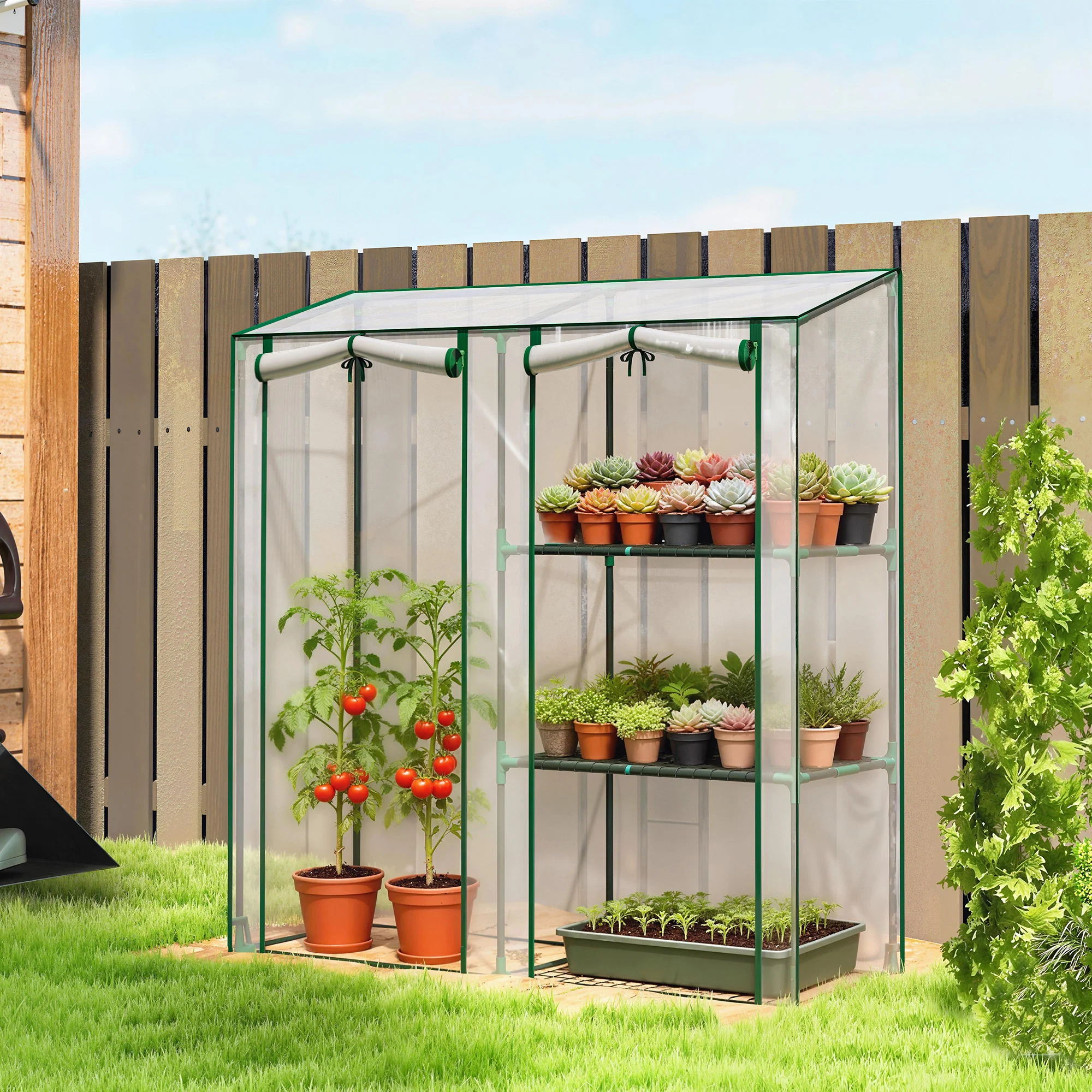 Mini Greenhouse with 3 Shelves and 2 Roll-up Doors, 56.3" x 17.7" x 59.4" - Image 3