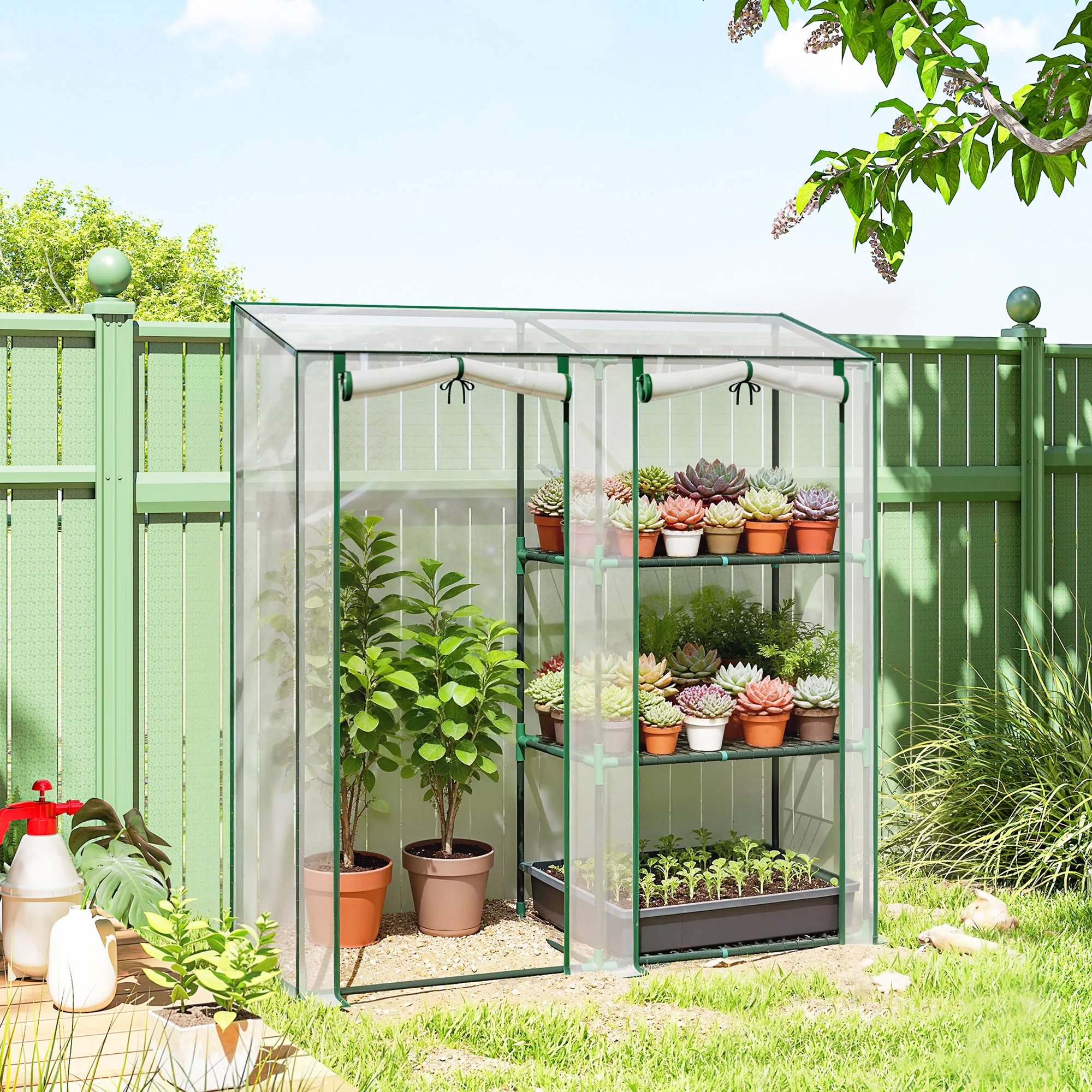 Mini Greenhouse with 3 Shelves and 2 Roll-up Doors, 56.3" x 17.7" x 59.4" - Image 4